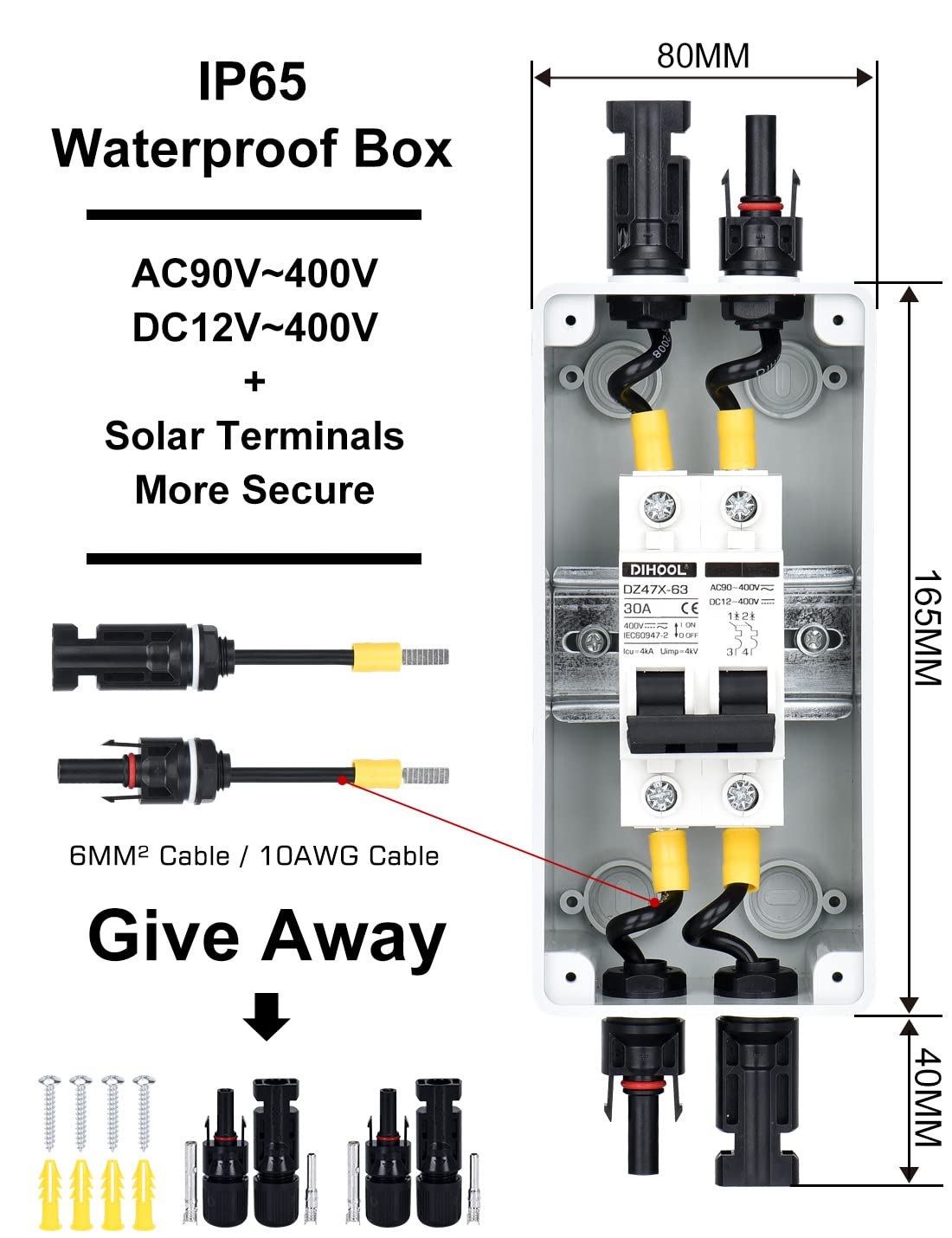 DIHOOL Interruptor de desconexión solar de 30 amperios, disyuntor en miniatura con caja de riel din caja al aire libre para paneles solares