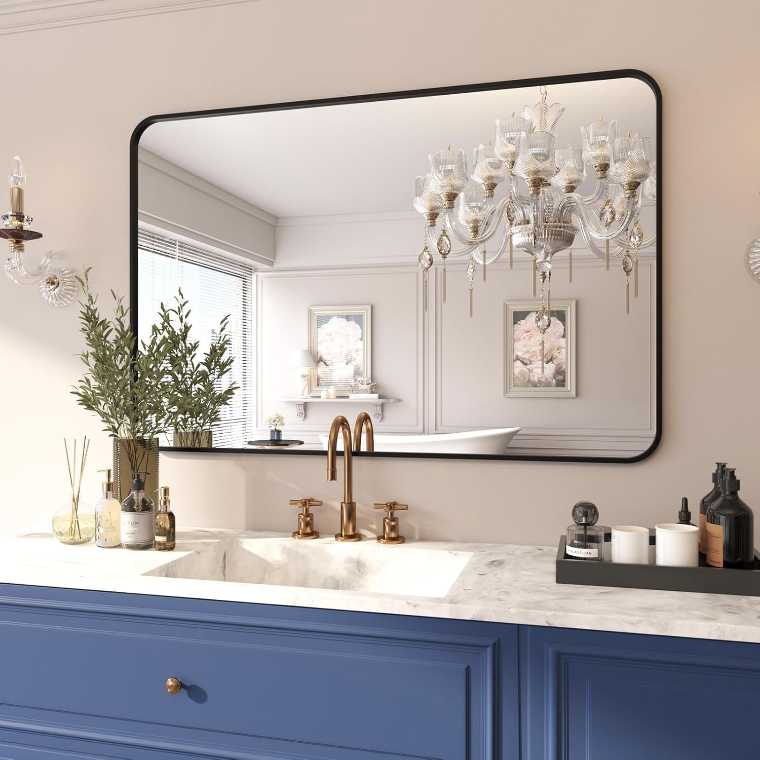 Espejo de baño negro para pared, espejo rectangular con marco de metal de 30 x 40 pulgadas, espejo de tocador de baño montado en la pared para sobre