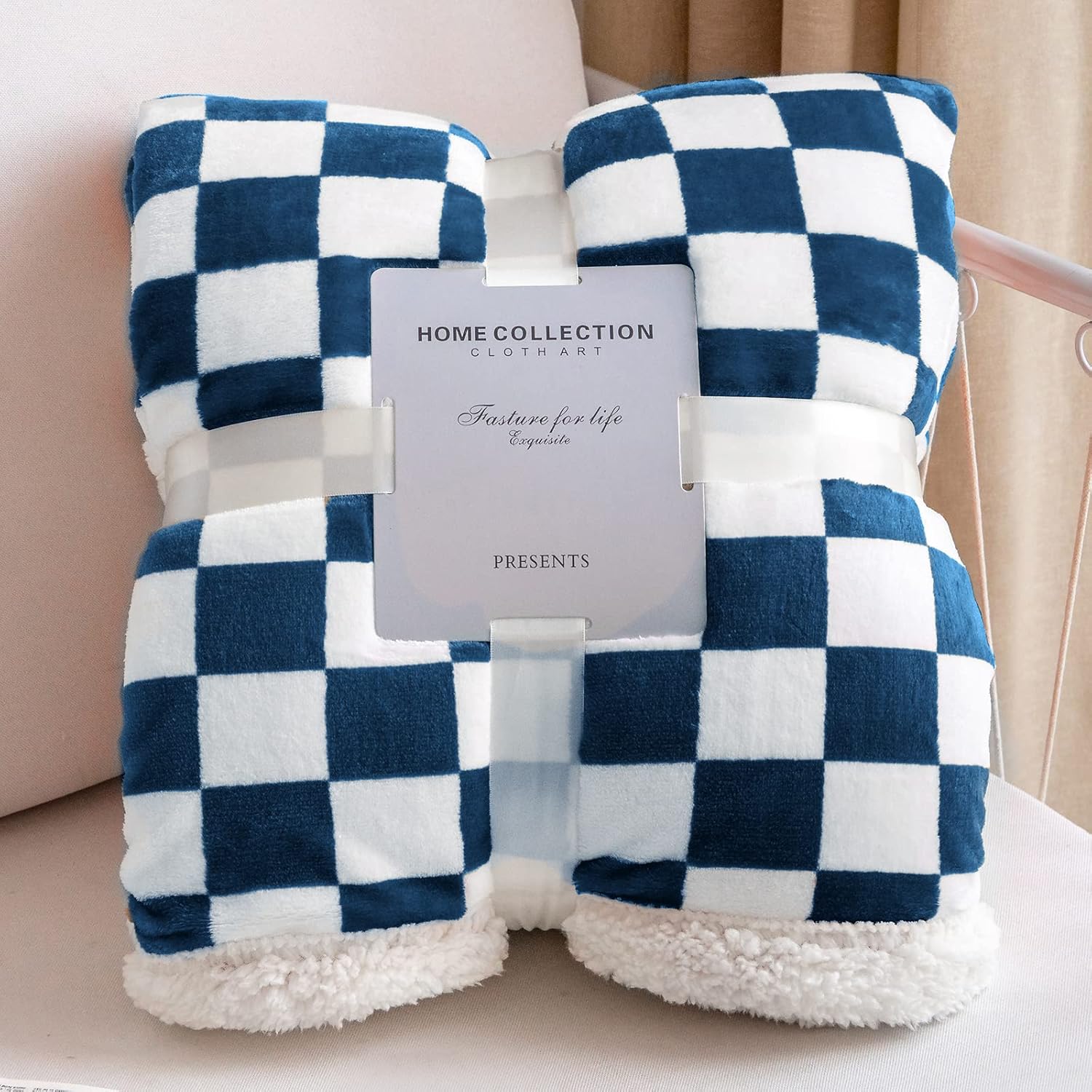 LOMAO Manta Sherpa de vellón con patrón a cuadros, suave, gruesa manta para sofá y cama, lujosa, cálida y acogedora para todas las estaciones (azul