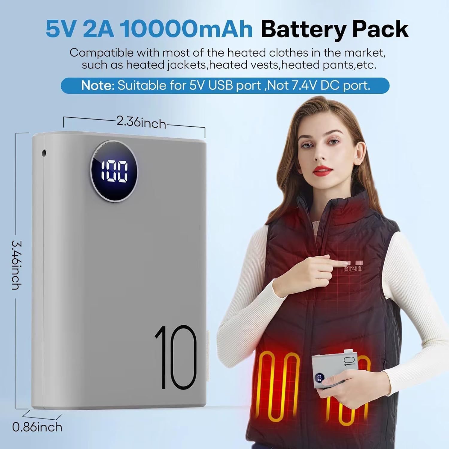 Banco de energía de 5 V 2 A para chaleco calentado, tamaño de paquete de 10000 mAh, batería de chaqueta calentada, cargador portátil con pantalla