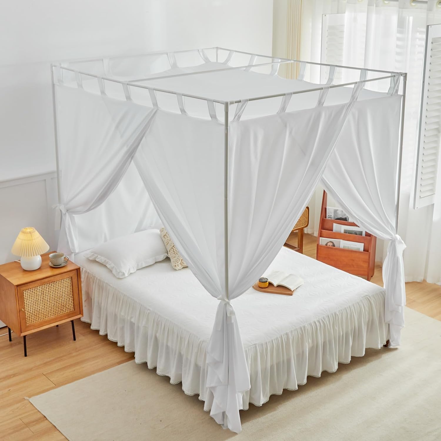 AIKASY Cortinas de cama blancas con lazos superiores y alzapaños para decoración de dormitorio, cortinas de cama de tamaño individual con