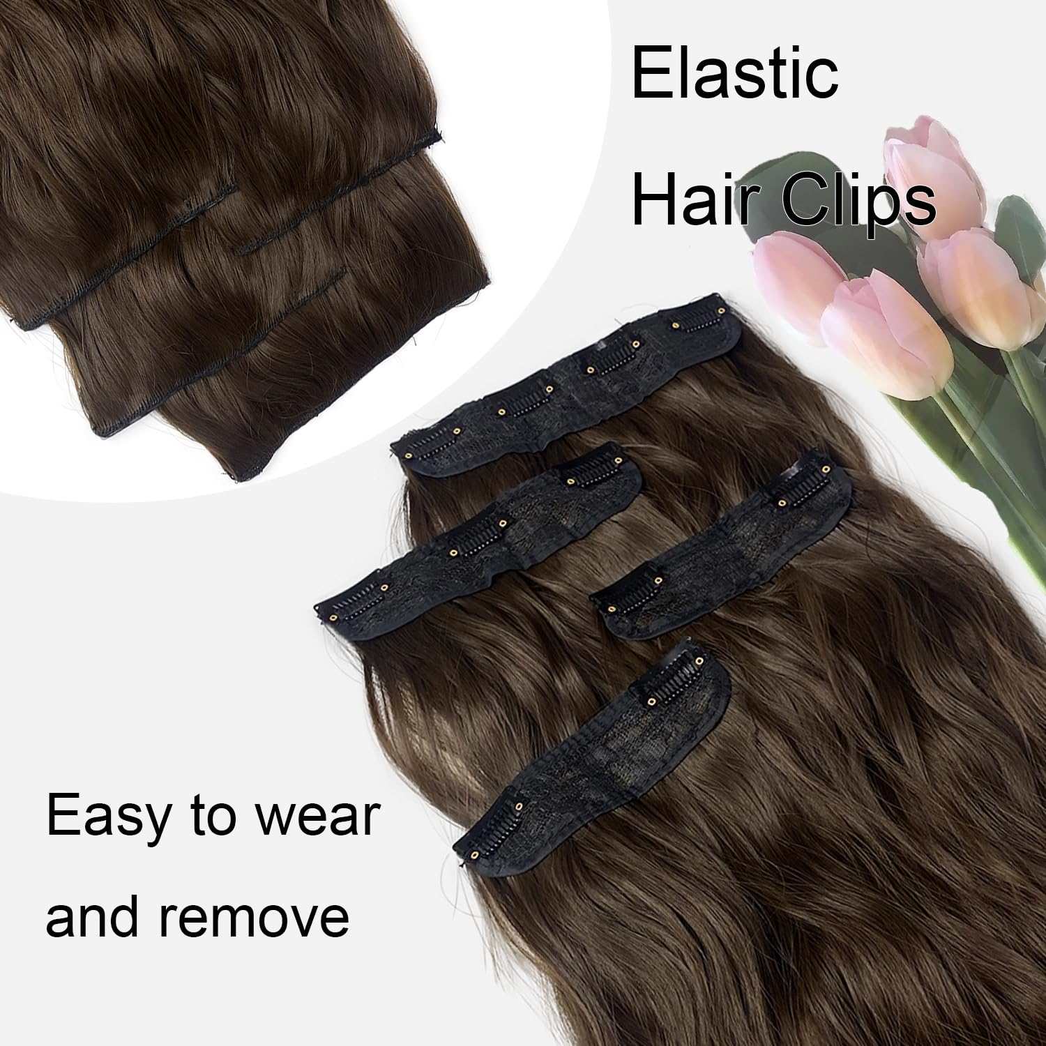 MIMISERVICE Extensiones de cabello con pinzas, extensiones de cabello largo ondulado castaño castaño castaño 4 piezas gruesas, fibra de doble trama