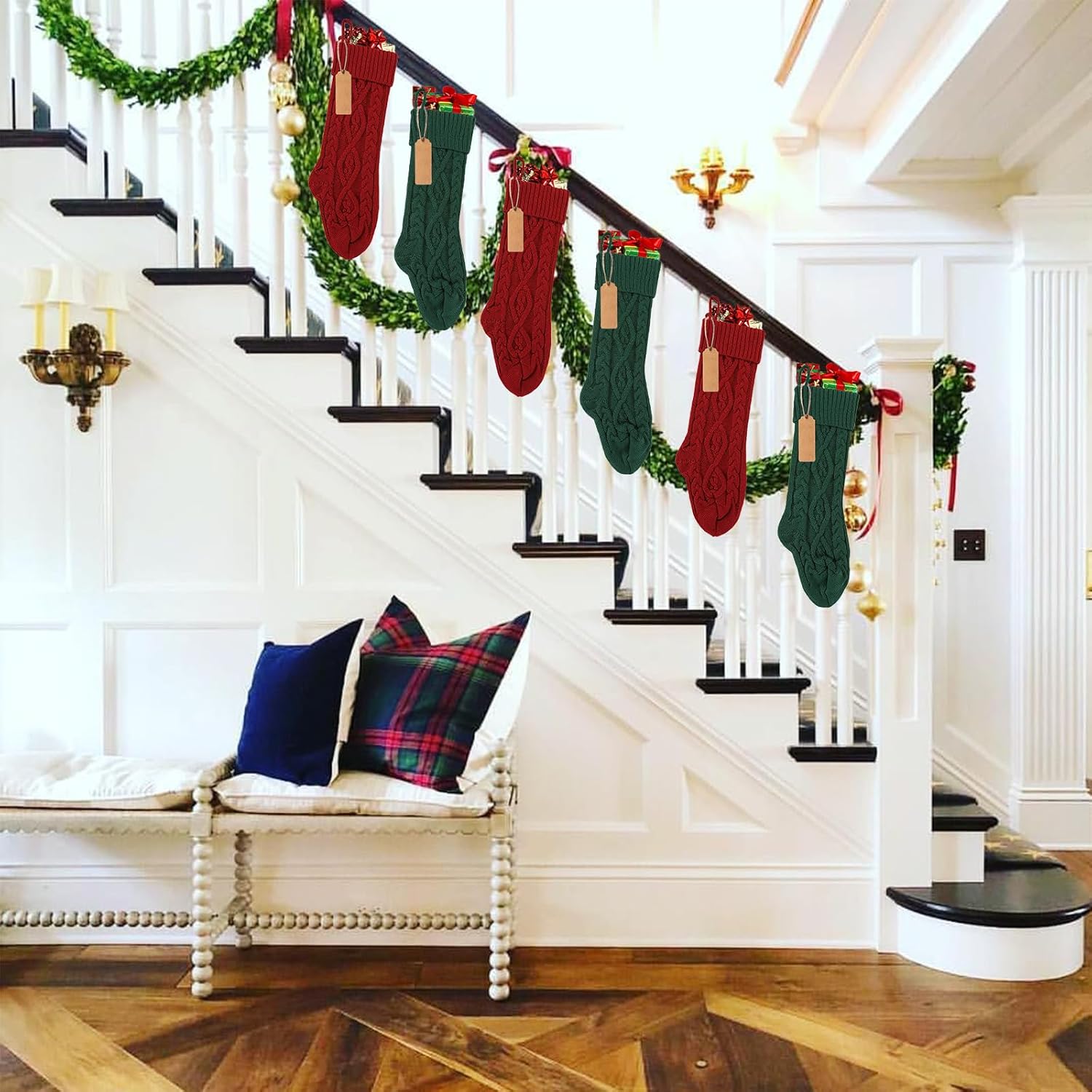 Medias de Navidad familiares grandes personalizadas paquete de 6 medias rojas, letras de Navidad, etiquetas de nombre de calcetín grande,