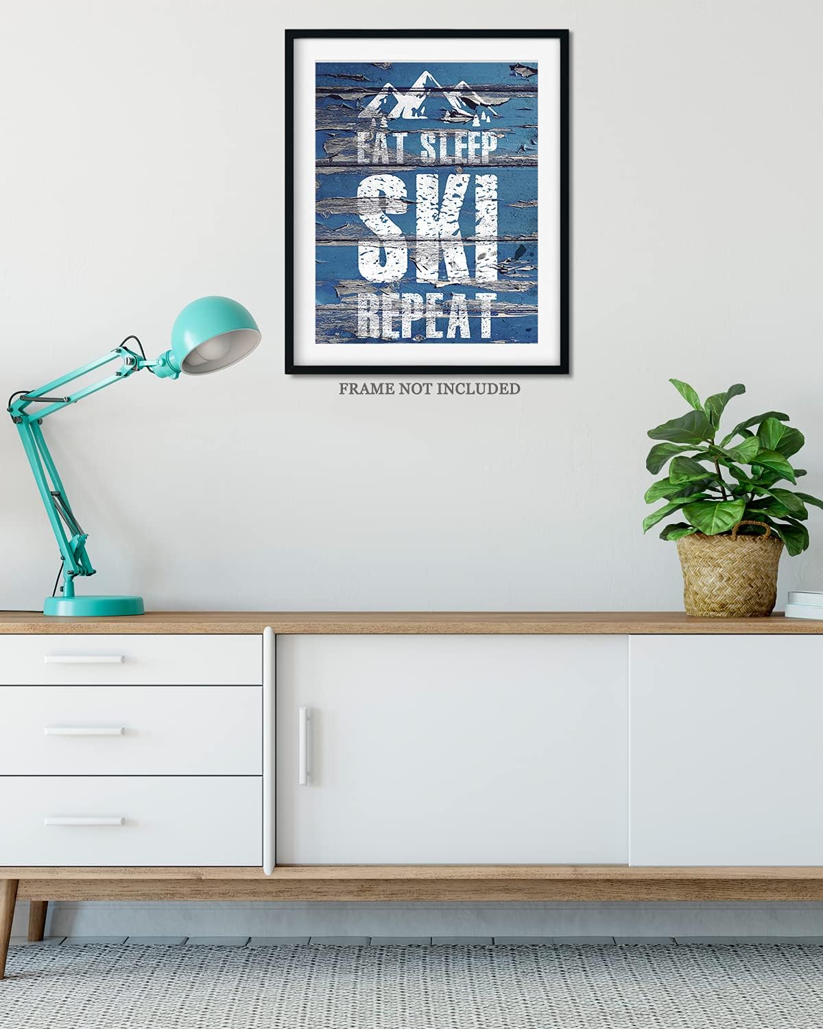 Eat Sleep Ski Repeat – Decoración de pared motivacional de esquí con un fondo azul – ilustraciones sin marco impresas en papel fotográfico
