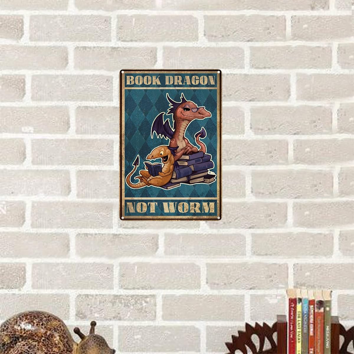 Letrero de metal retro con diseño de dragón con texto en inglés “Dragon Not Worm”, póster divertido para biblioteca, cafetería, sala de estar,