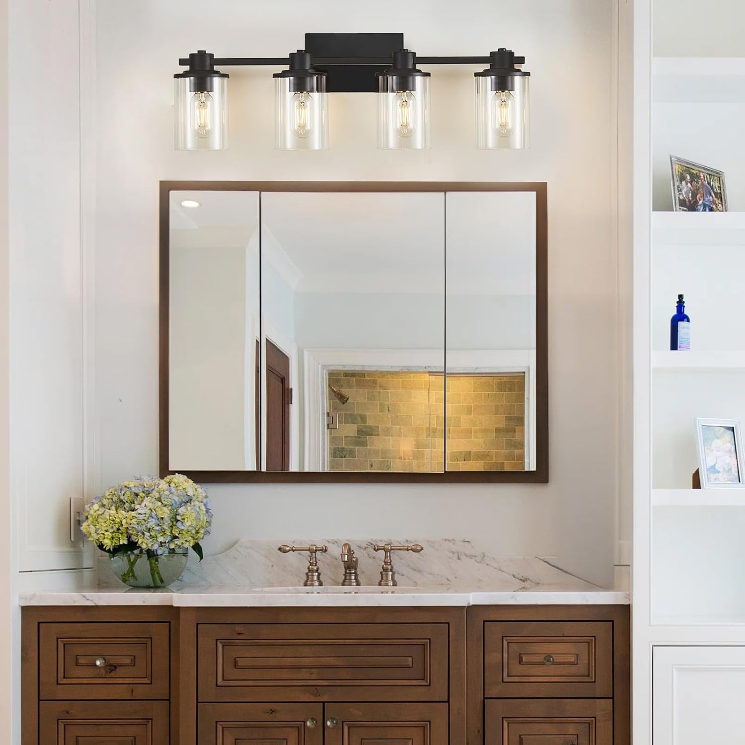 DUJAHMLAND Lámpara negra para tocador de baño, 4 luces, lámpara de tocador de baño sobre espejo, luz de tocador con pantalla de vidrio transparente,