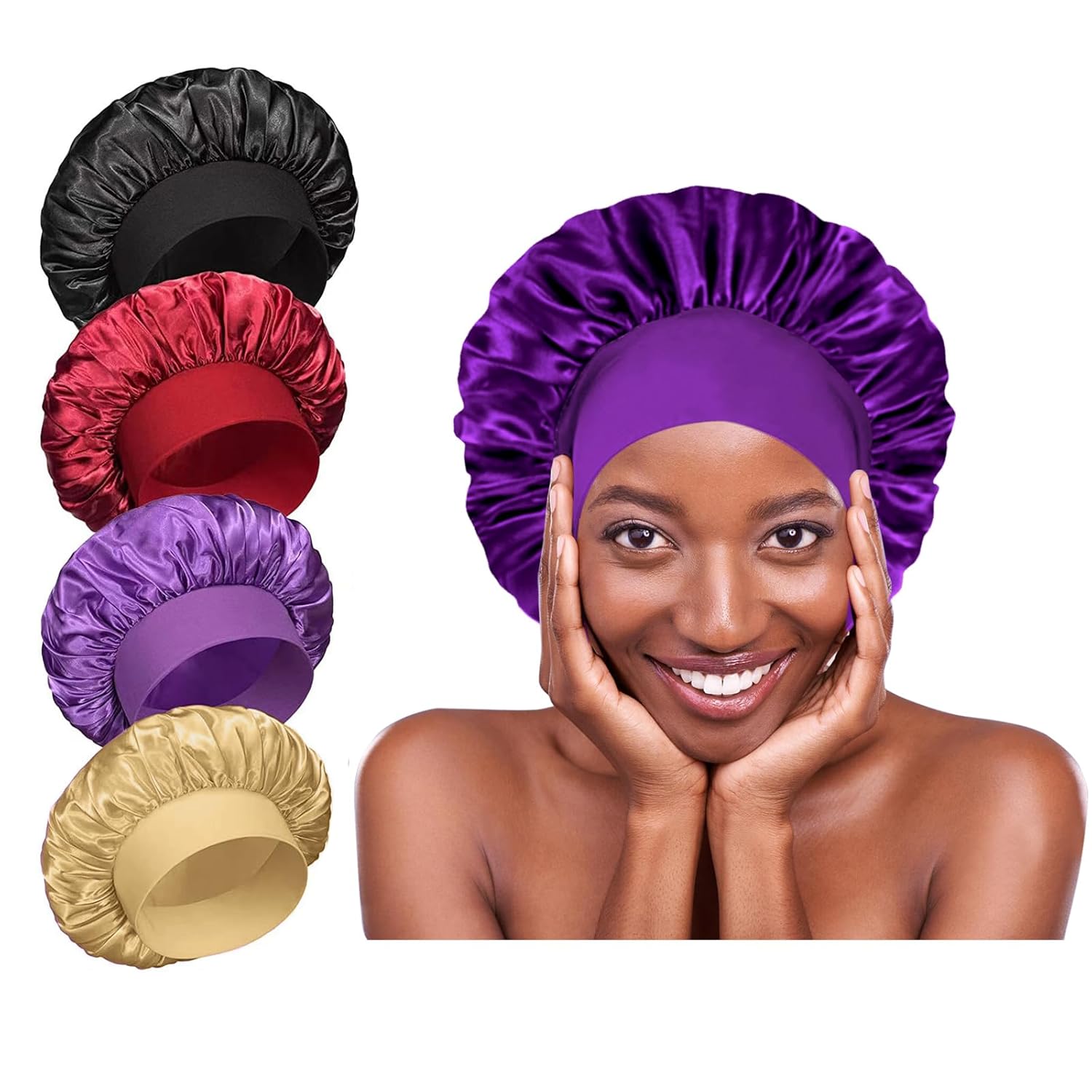 4 gorros de satén de seda para dormir, banda ancha elástica para el cabello de seda para dormir, mujeres negras, hombres, gorros de seda para