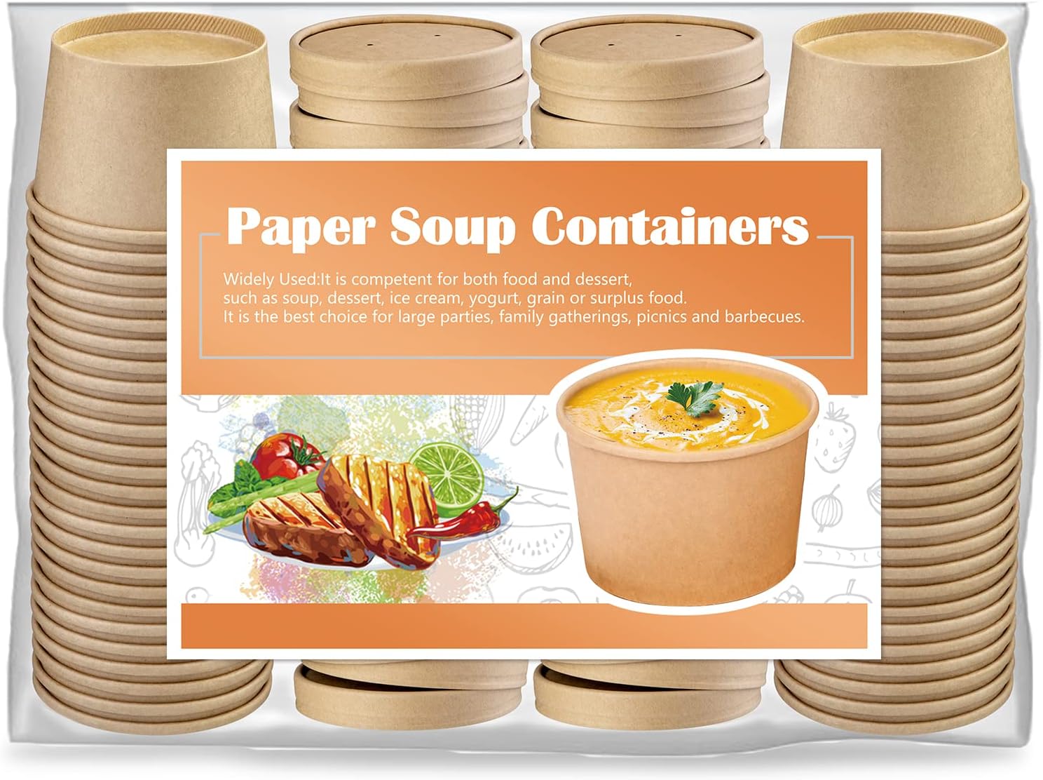 Paquete de 50 tazas de sopa de papel desechables de 8 onzas con tapas, recipientes de sopa de papel desechables, vasos de papel kraft para alimentos