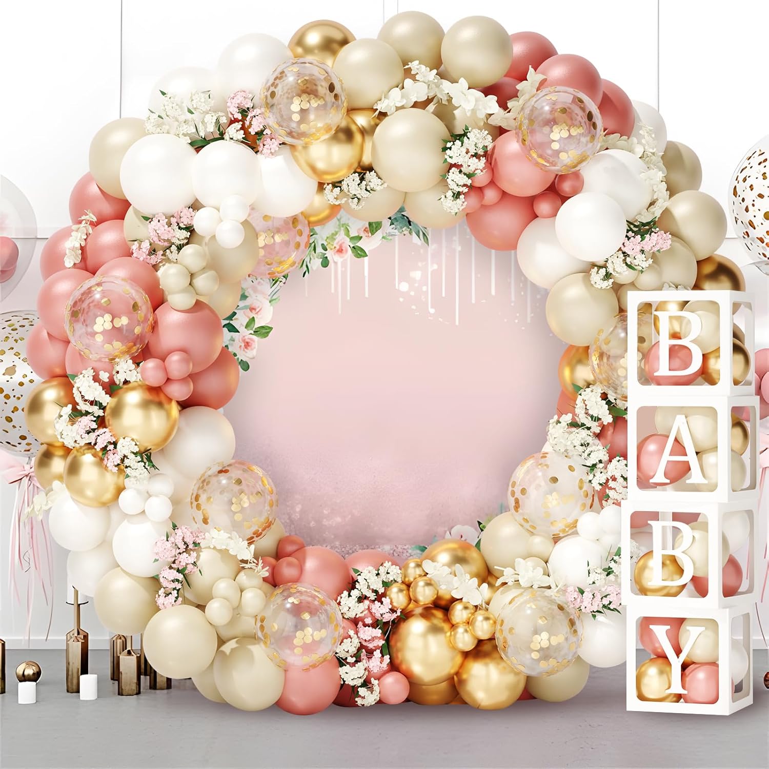 Decoraciones de baby shower para niña, kit de arco de globos retro rosa, blanco y dorado, 4 cajas con letras para baby shower, decoraciones de feliz