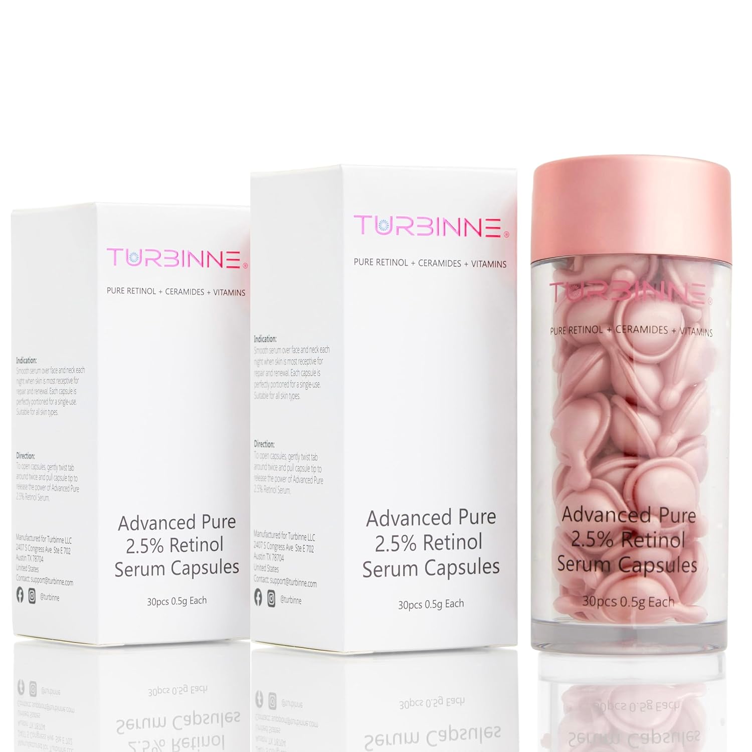 TURBINNE Cápsulas de suero de retinol puro al 2.5%. Luce 5 años más joven en solo 30 días. Potente antienvejecimiento, hidratación profunda,