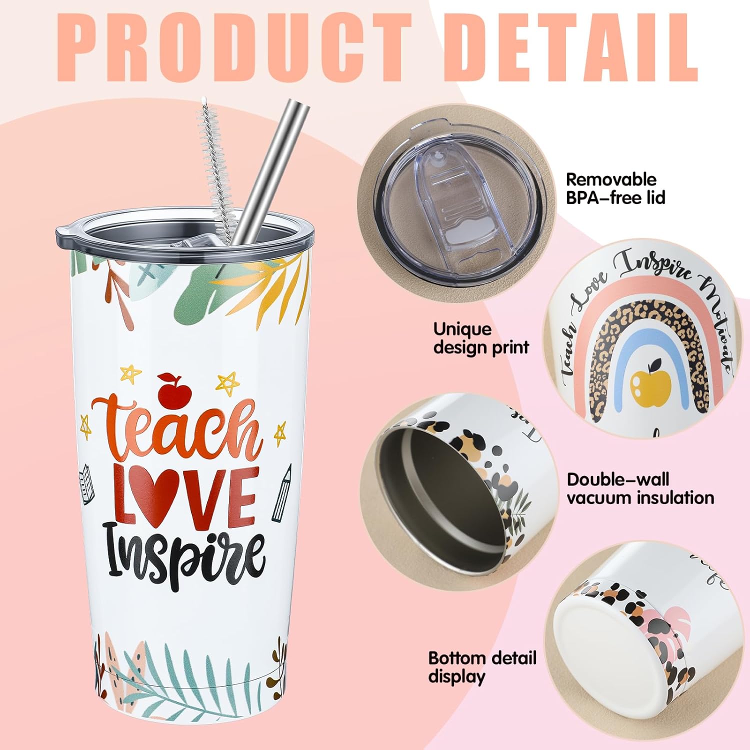 Paquete de 8 vasos de acero inoxidable de 20 onzas, regalos para profesores de estudiantes, adecuados para mujeres, tazas de agradecimiento, ideas