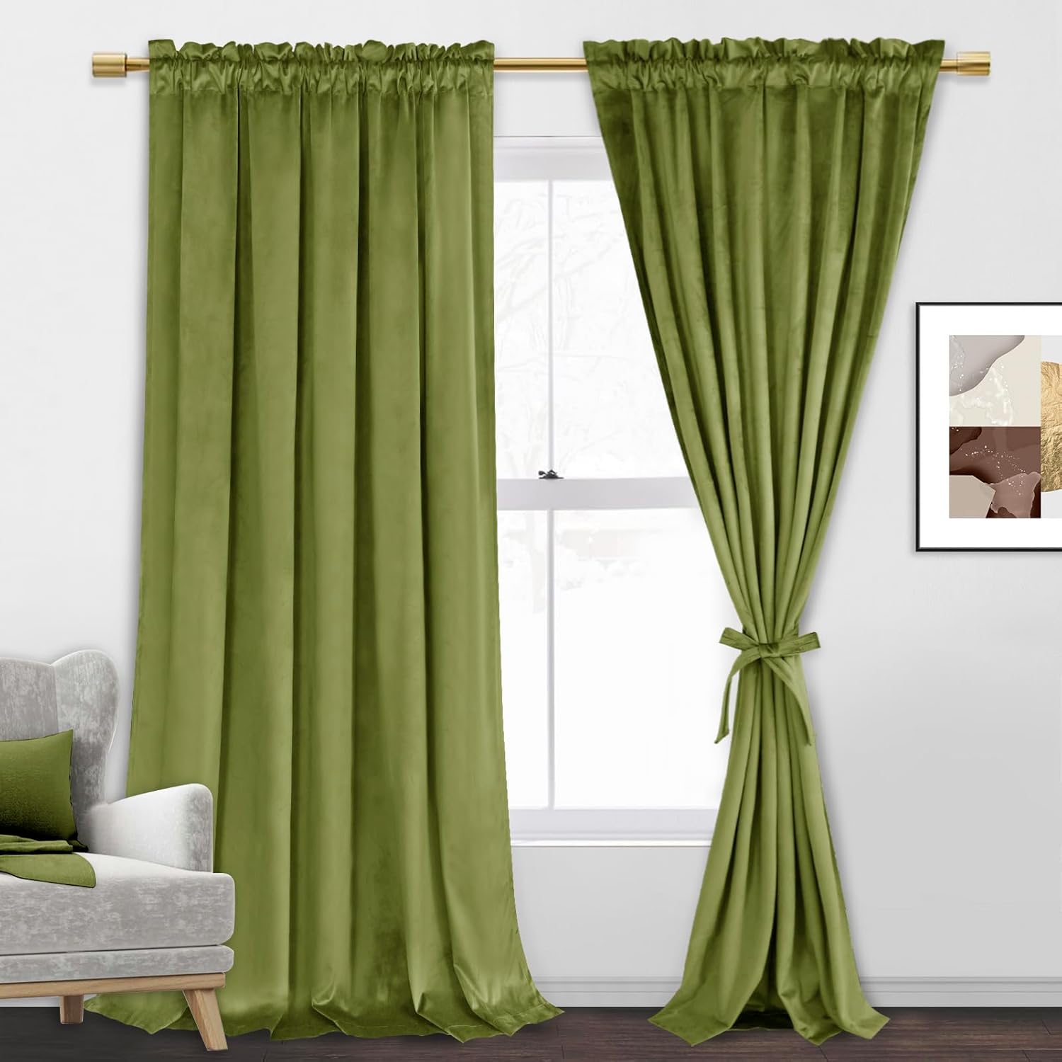 JIUZHEN Cortinas de terciopelo verde musgo de 96 pulgadas de largo para sala de estar, cortinas de terciopelo retro suaves con bolsillo para barra,