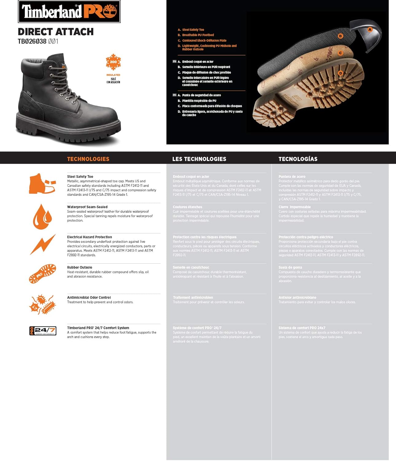 Bota aislada Timberland Pro Direct Attach, de 6 pulgadas, con punta de acero de seguridad, impermeable., negro, 11.5 D(M) US