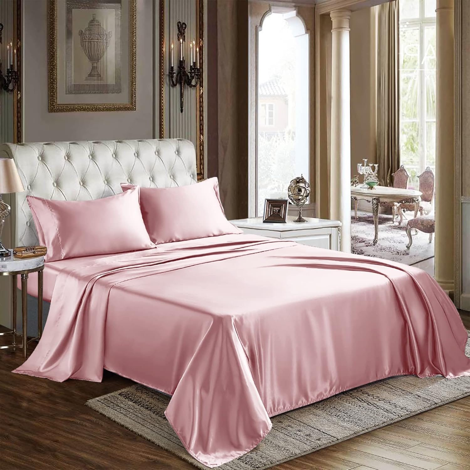 CozyLux Sábanas de satén tamaño King  Juego de sábanas de 4 piezas color rosa con microfibra sedosa, 1 sábana bajera de bolsillo profundo, 1 sábana