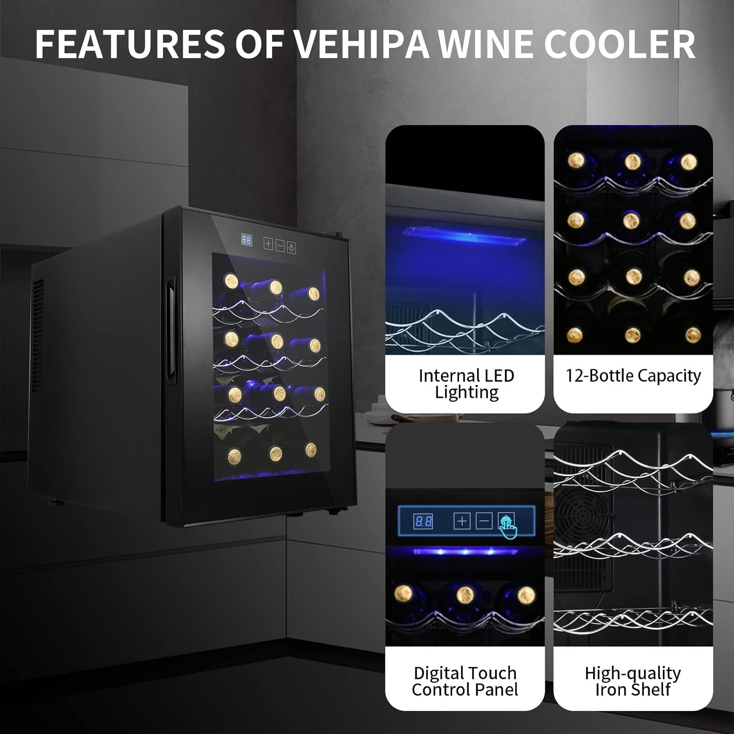 Refrigerador de vino de 12 botellas, mini refrigerador de vino compacto con control de temperatura digital, enfriador termoeléctrico de