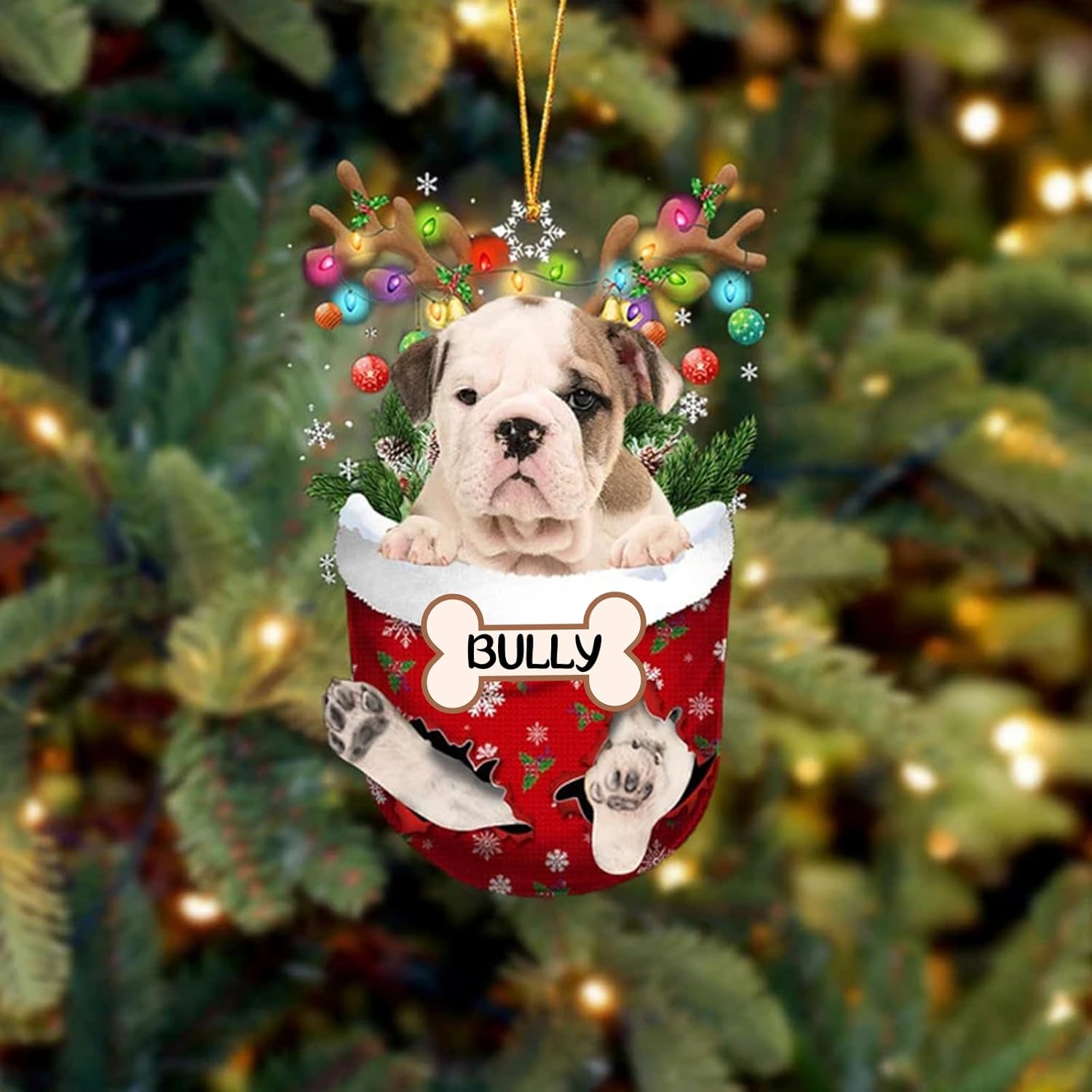 Adorno de bulldog inglés antiguo V2, adorno de Navidad personalizado para perro, adorno de bolsillo de nieve para perro para árbol de Navidad,
