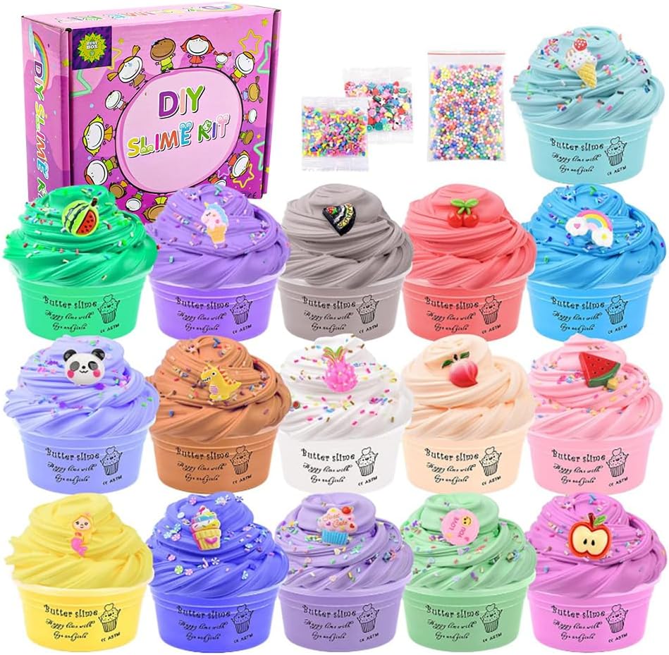 Paquete de 16 mini kit de limo de mantequilla, con sandía rosa, helado y slime de pastel, etc. Abalorios de slime de color y limo, suave y