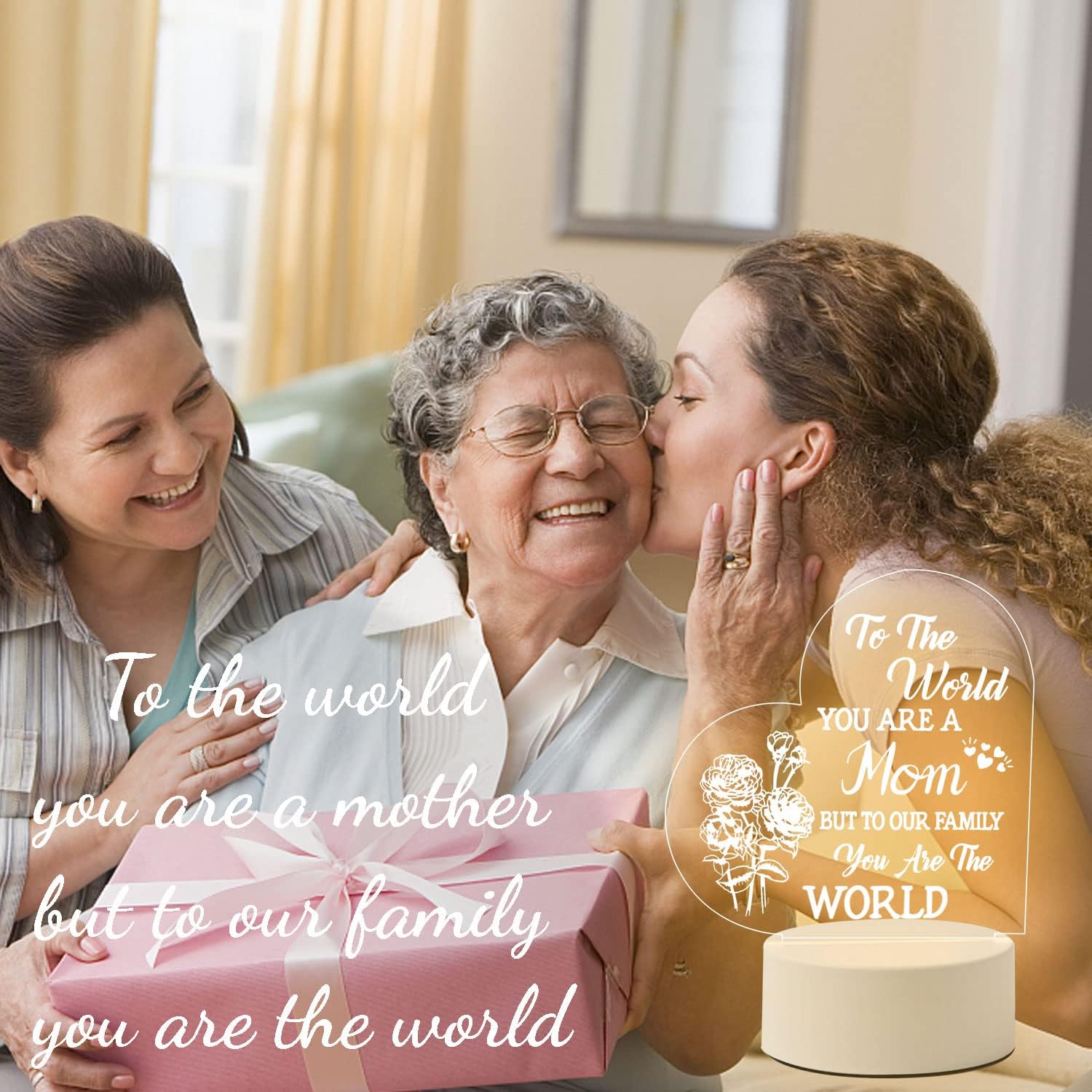 Regalos para mamá de hija hijo, regalos de cumpleaños para madres, 3 modos de luz, luz nocturna, alimentación USB, luz de corazón transparente,