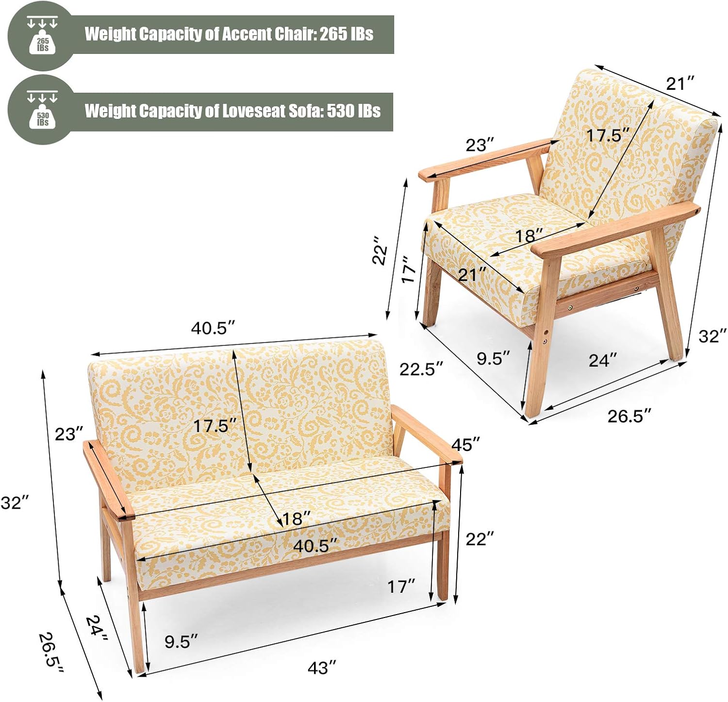 Giantex Mid-Century – Juego de sillas decorativas de madera de dos plazas, silla decorativa de madera tapizada con madera de caucho, bonito patrón,