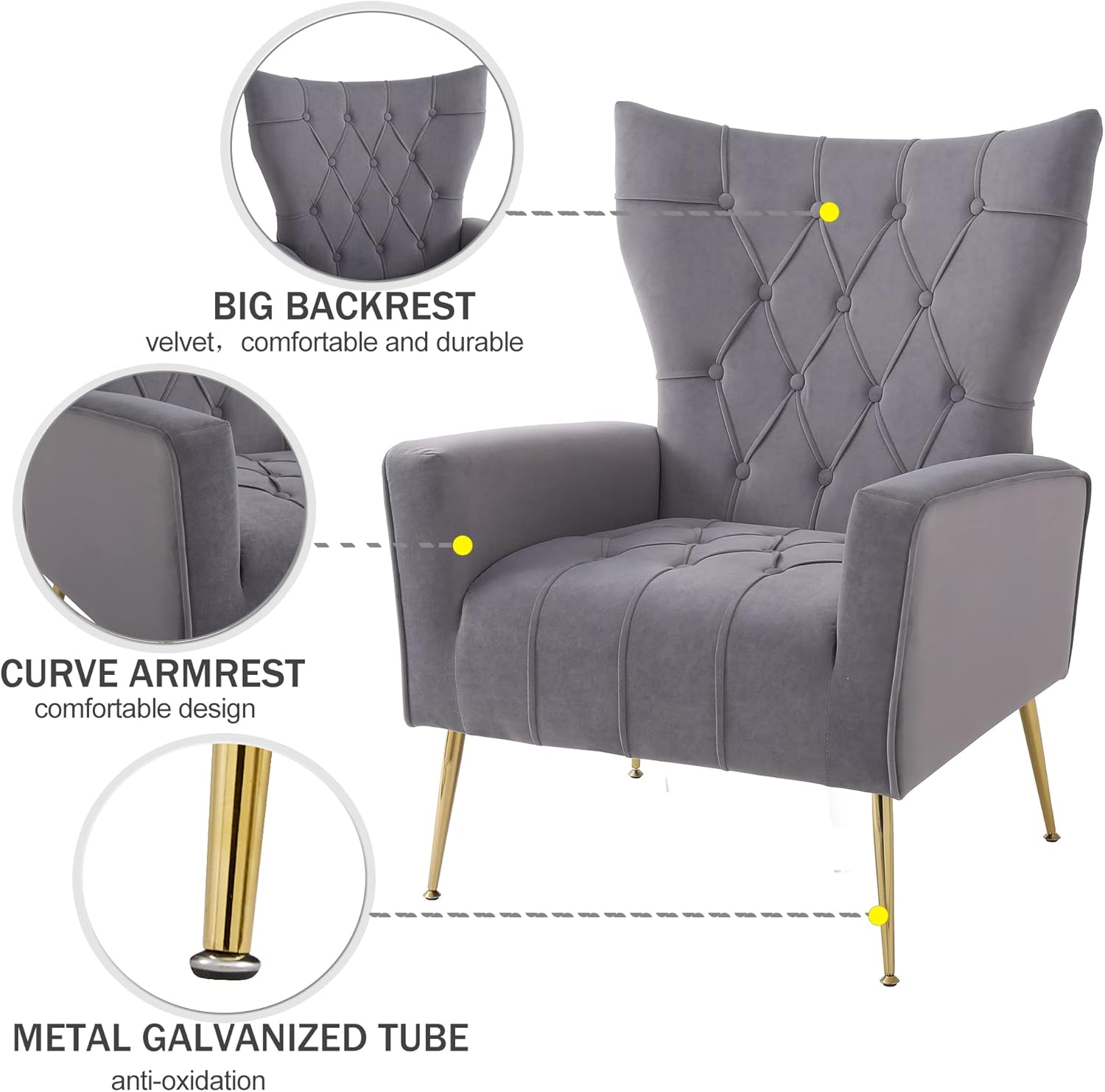 Silla decorativa moderna de terciopelo con otomana, elegante sillón con respaldo de ala con patas de metal dorado, cómodo sofá tapizado individual