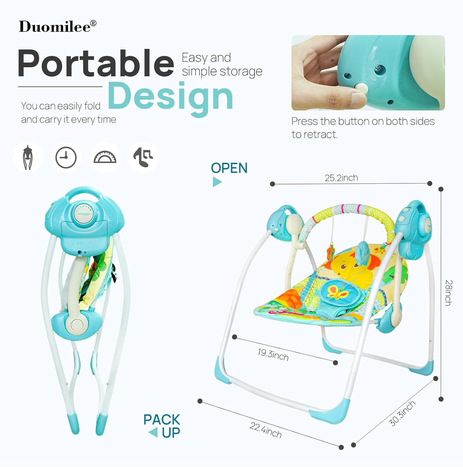 Columpio eléctrico portátil para bebé, columpio relajante con 6 movimientos, silla mecedora cómoda con música inteligente, adecuado para 0-9 meses