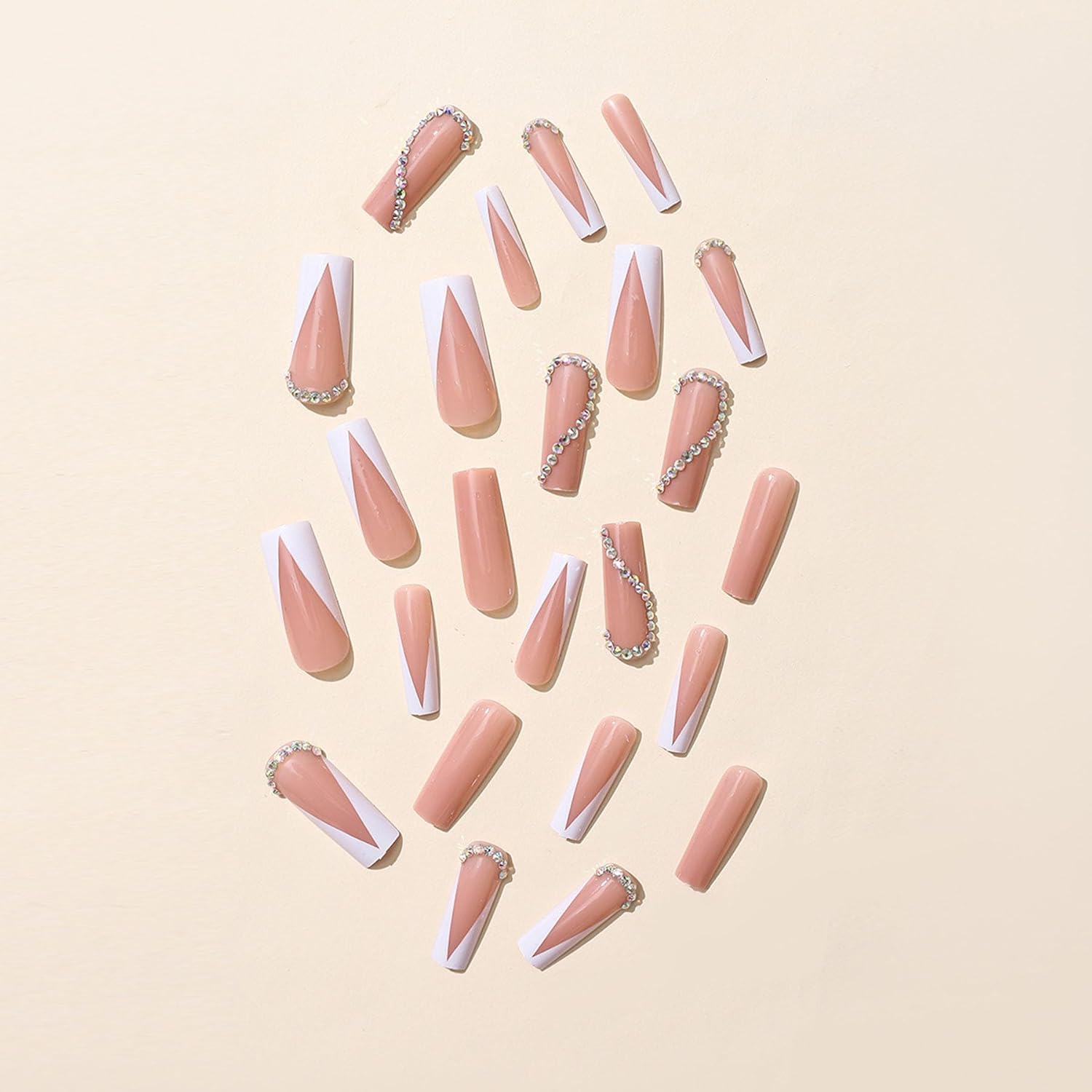 Uñas largas a presión, uñas postizas cuadradas, uñas acrílicas de cobertura completa con diamantes de imitación, uñas artificiales rosa claro con