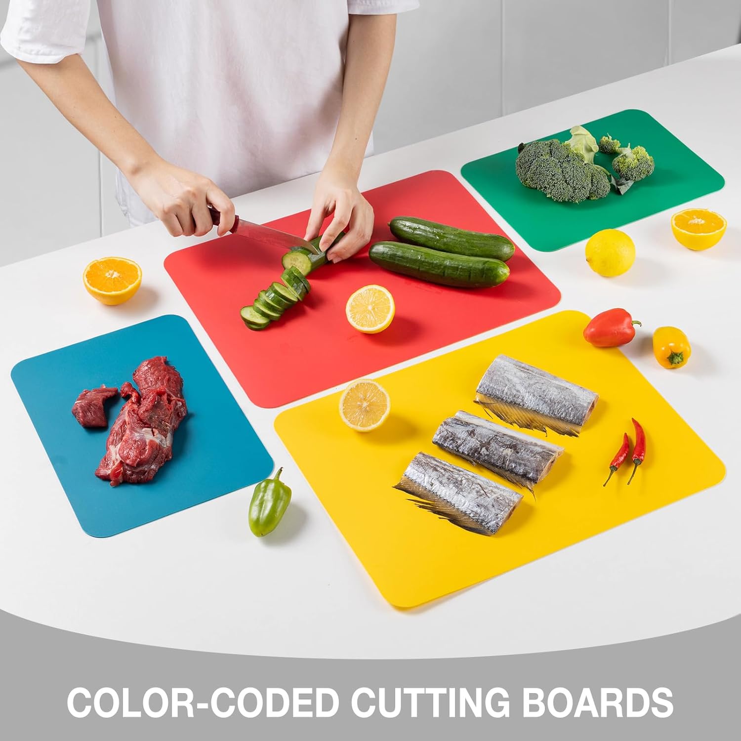 Juego de 8 tablas de cortar de plástico para cocina, sin BPA, alfombrillas de corte flexibles para carne y verduras, 4 grandes y 4 pequeñas,