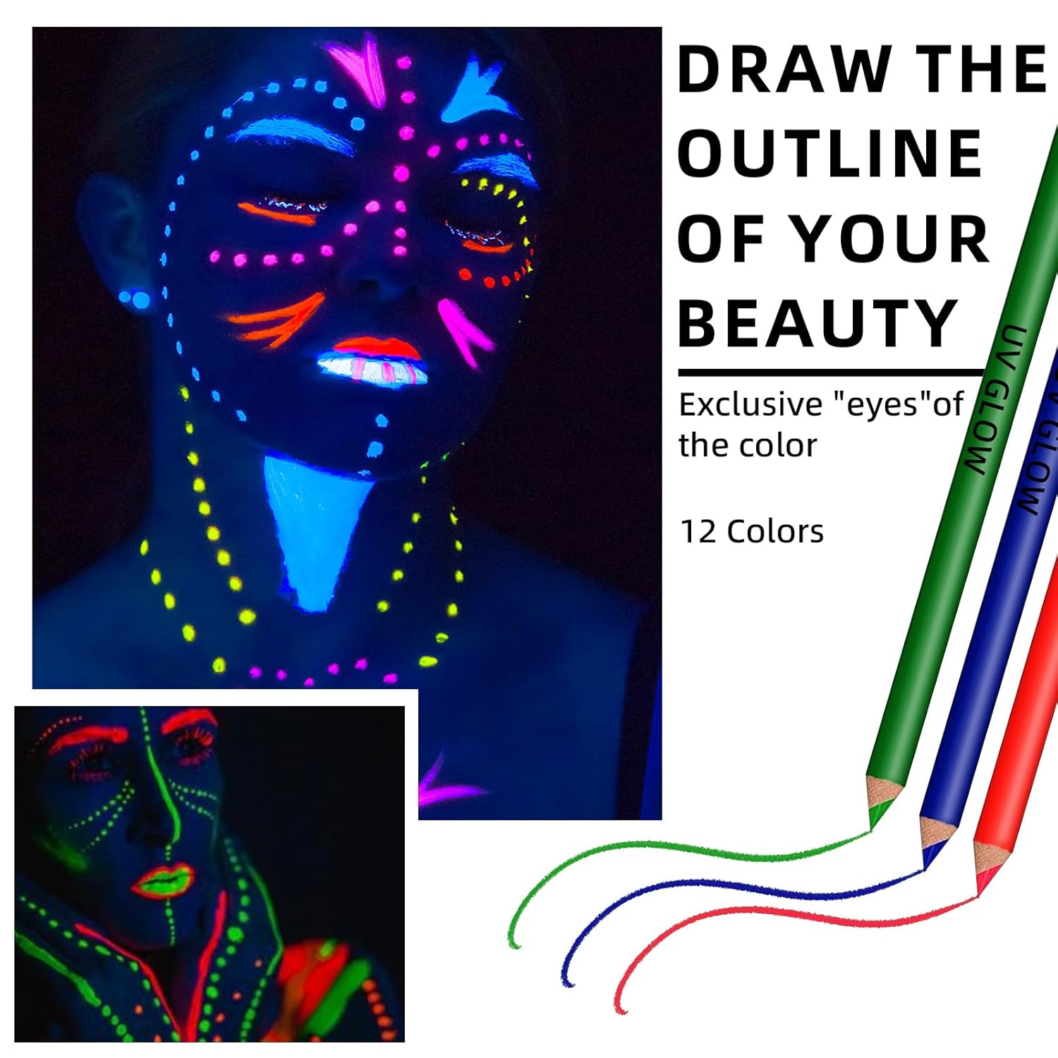 HOSAILY Juego de delineador de ojos de 12 colores con brillo UV, delineador de ojos neón de color crema mate, impermeable, de larga duración,