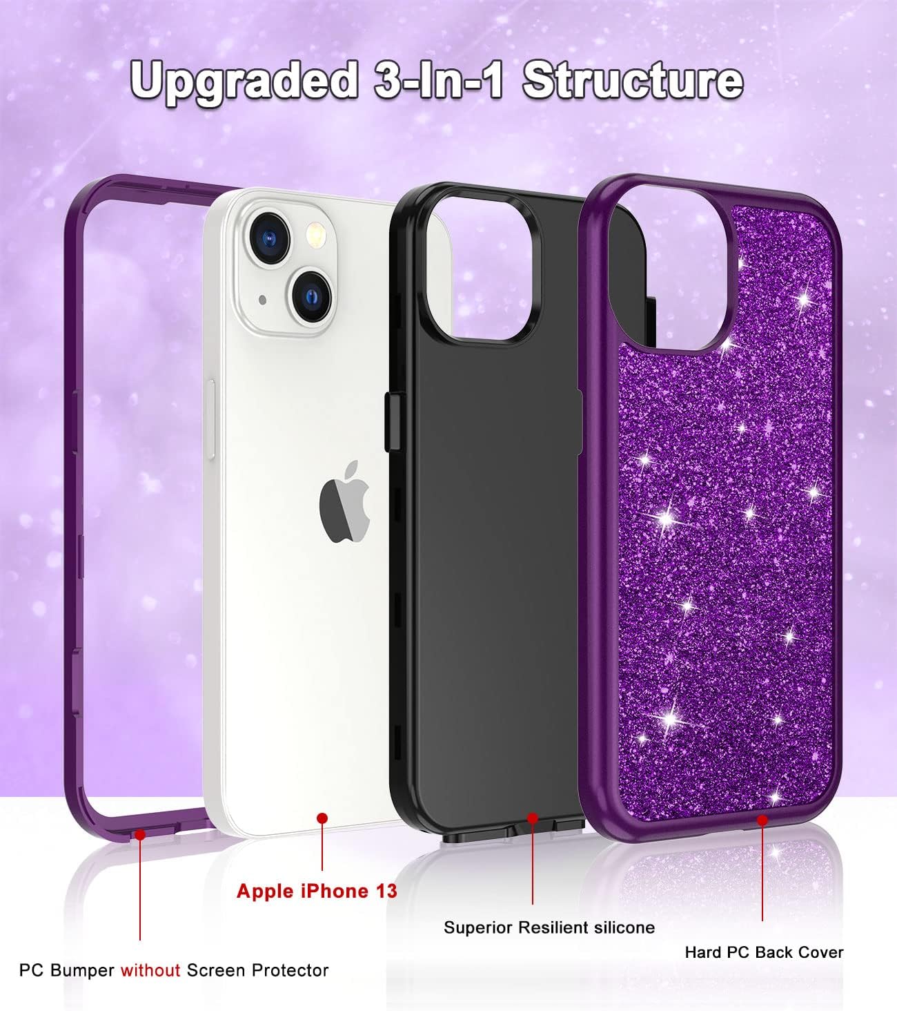 CASEFIV Funda de mármol para iPhone 13, 3 en 1, resistente a los golpes, policarbonato duro y silicona, 6.1 pulgadas, purpurina púrpura oscuro