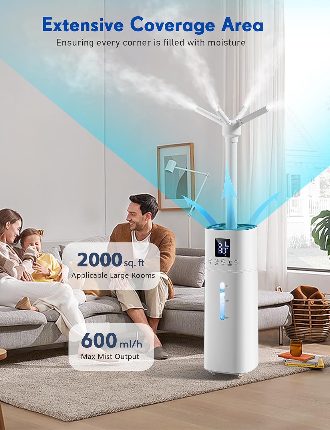 Humidificadores para dormitorio, humidificador de casa completa de 15 litros para 2000 pies cuadrados, humidificador de niebla fría de 20.3 fl ozh