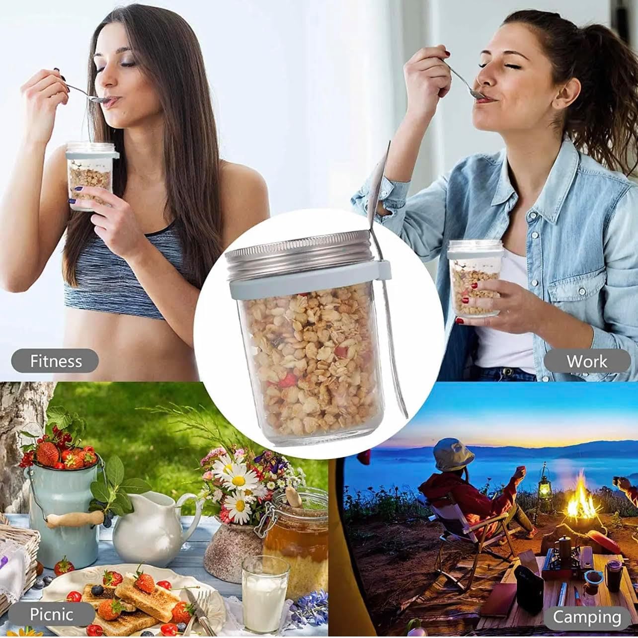 Tarros de avena durante la noche – Recipientes de avena con tapas – Tarros de vidrio para avena nocturna – Juego de 2 tarros con tapas – Tarros