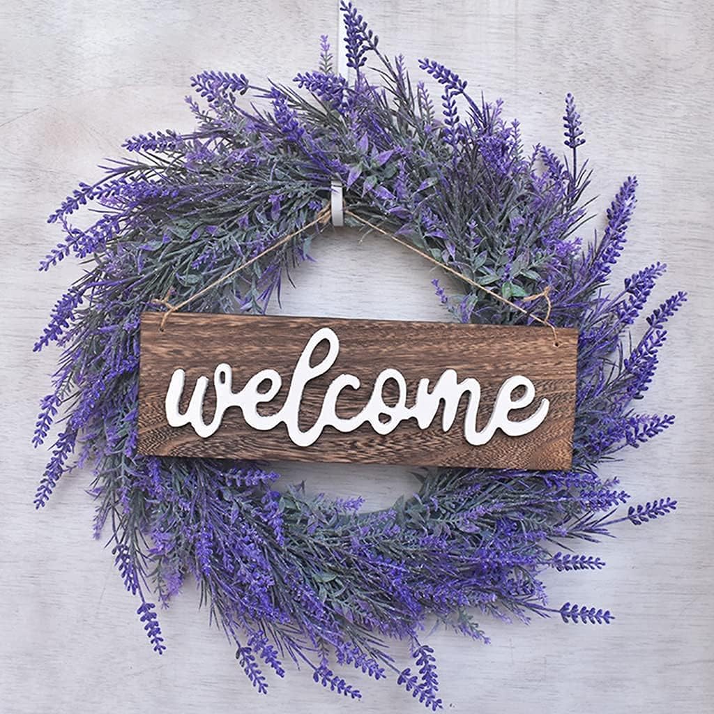 Corona de lavanda con letrero de bienvenida para puerta delantera, corona floral, guirnalda de bienvenida para decoración de bodas y fiestas