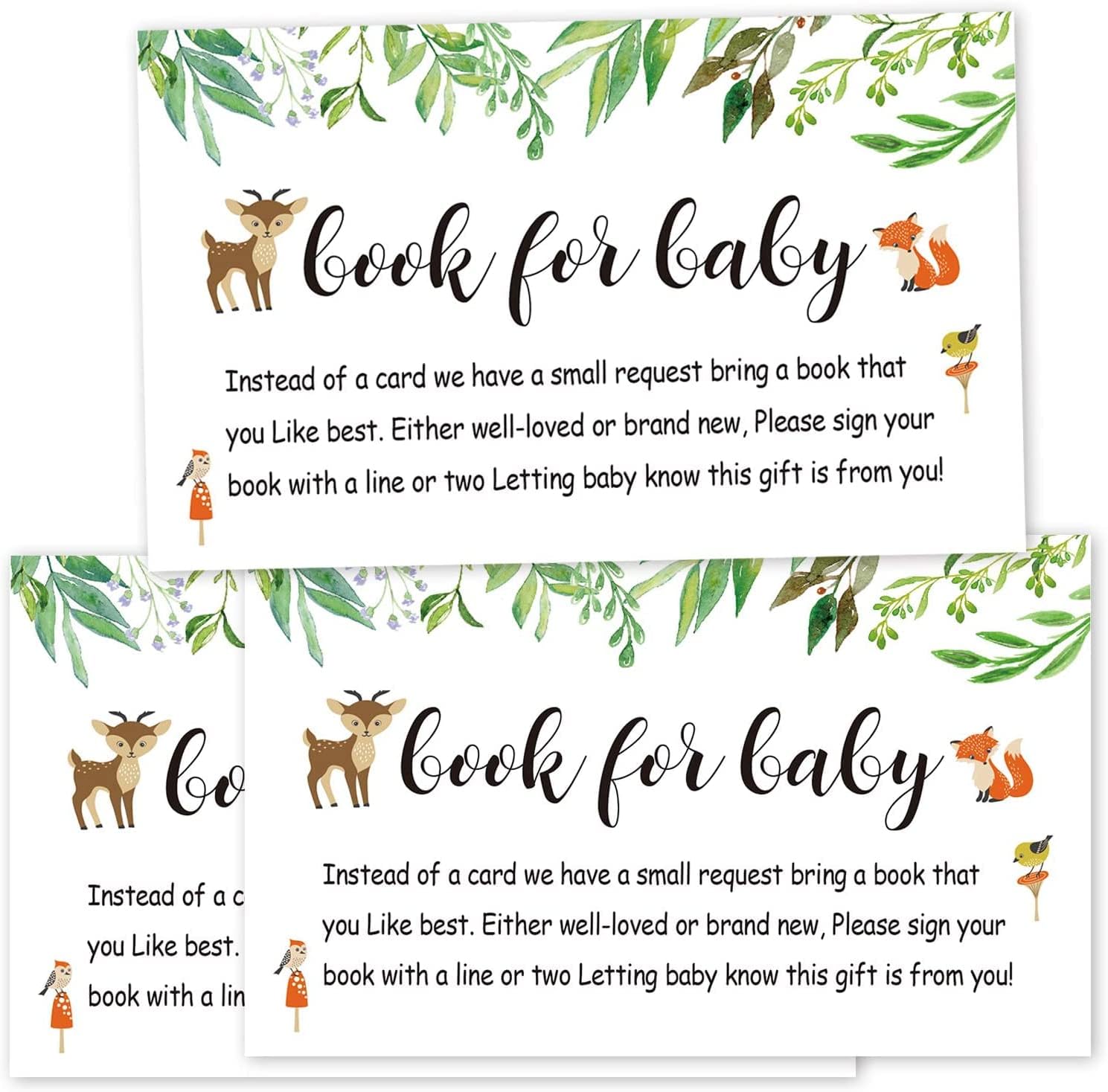 Paquete de 50 libros para tarjetas de solicitud de baby shower, libros florales de bosque para tarjetas de inserción de bebé, insertos de invitación