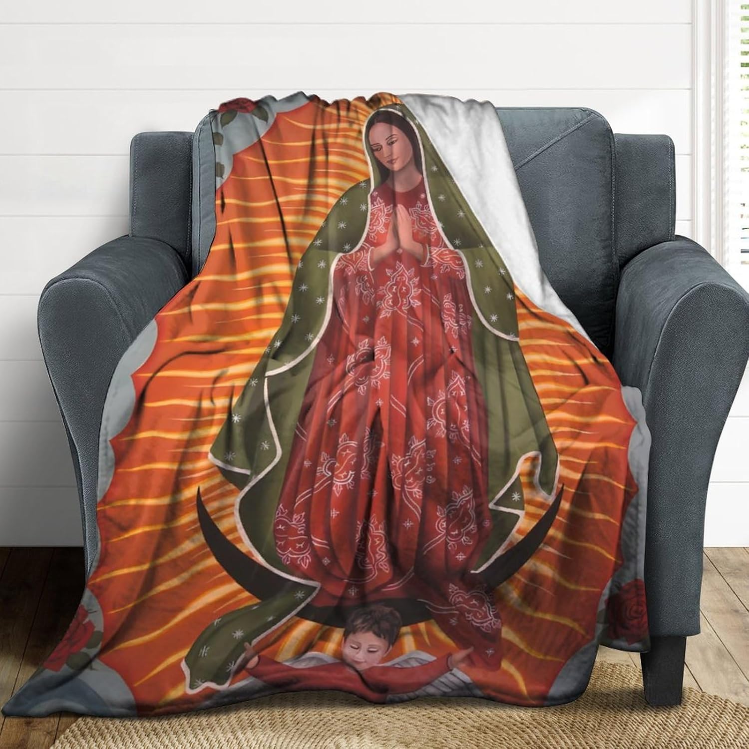Nuestra Señora de Guadalupe Virgen María – Manta de Navidad suave y acogedora con pelusa de ángel, manta cálida para sofácama, manta de poliéster