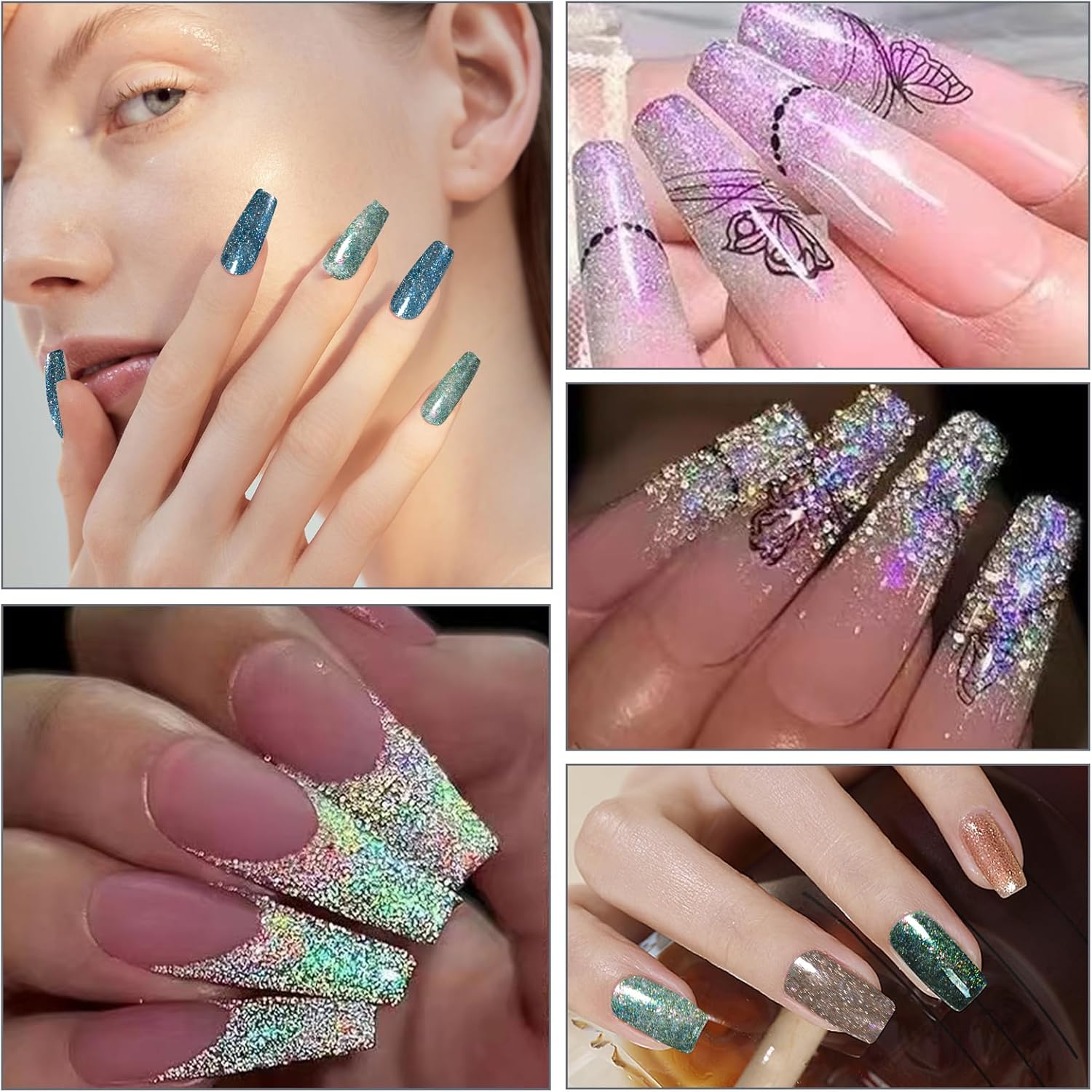 Juego de polvos de uñas Aurora Opal de 6 colores, pigmento iridiscente de arte de uñas de cristal de hielo, lentejuelas de uñas de colores