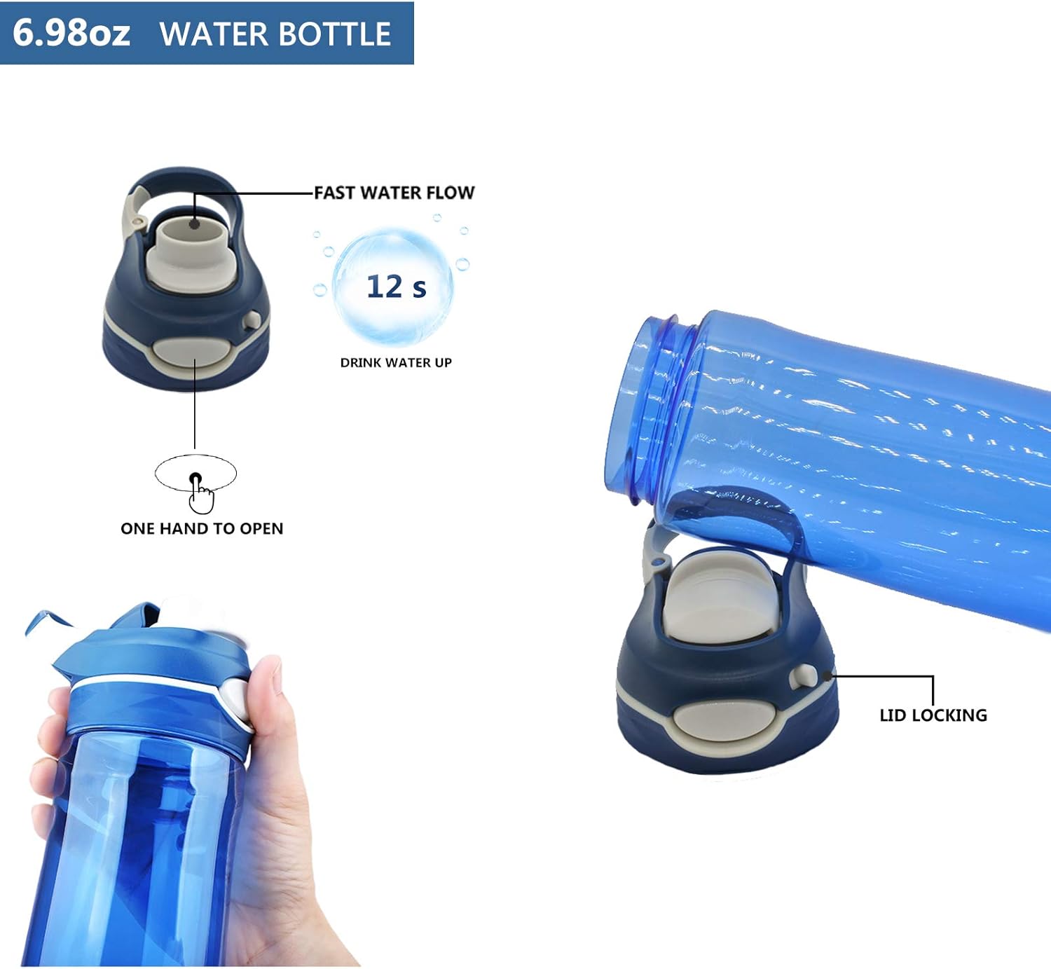 DEARART Botella de agua azul de 16 onzas sin pajita de boca ancha, botella de agua pequeña con asa, 100% a prueba de fugas, fácil de transportar,