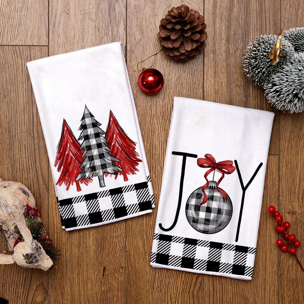 ARKENY Juego de 2 paños de cocina de Navidad para decoración de Navidad, diseño de búfalo negro, 18 x 26 pulgadas, color rojo Joy Noel, árbol de