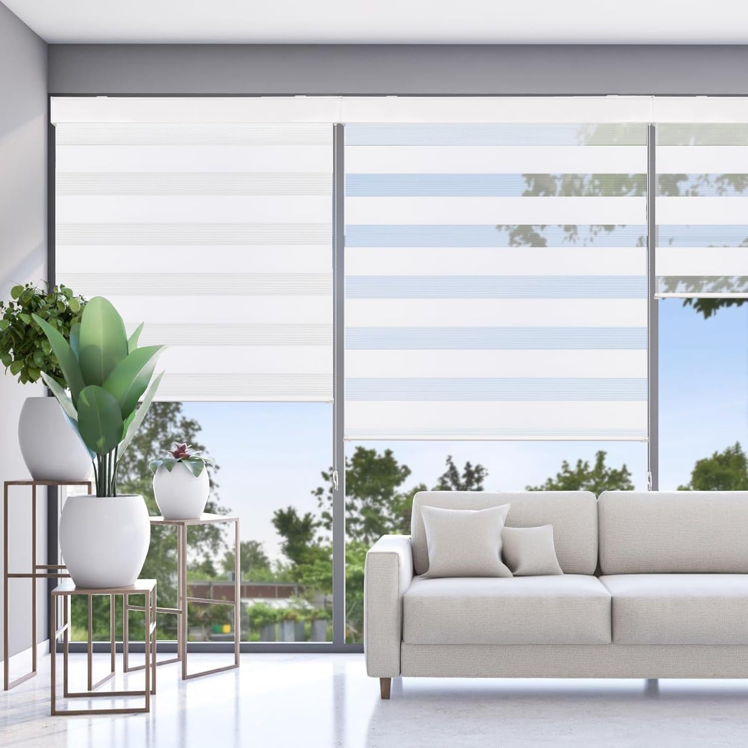 Homland Persianas enrollables opacas con diseño de cebra, color blanco, para filtrado de luz, para ventanas, material grueso con cadena de cuentas