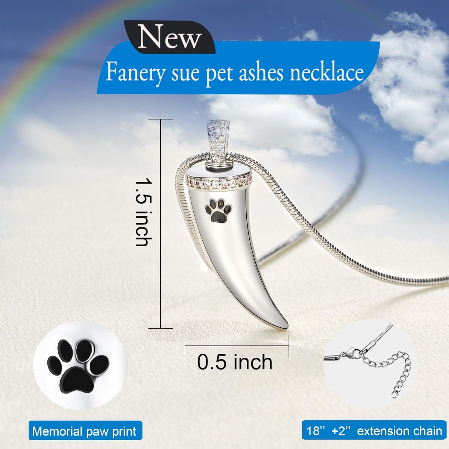 Fanery sue Pet Ashes Necklace Cremation Jewelry Pet Memorial Gifts Heart Pendant for Loss of Dog Cat Pet Urn Necklaces Rainbow Bridge Keepsake