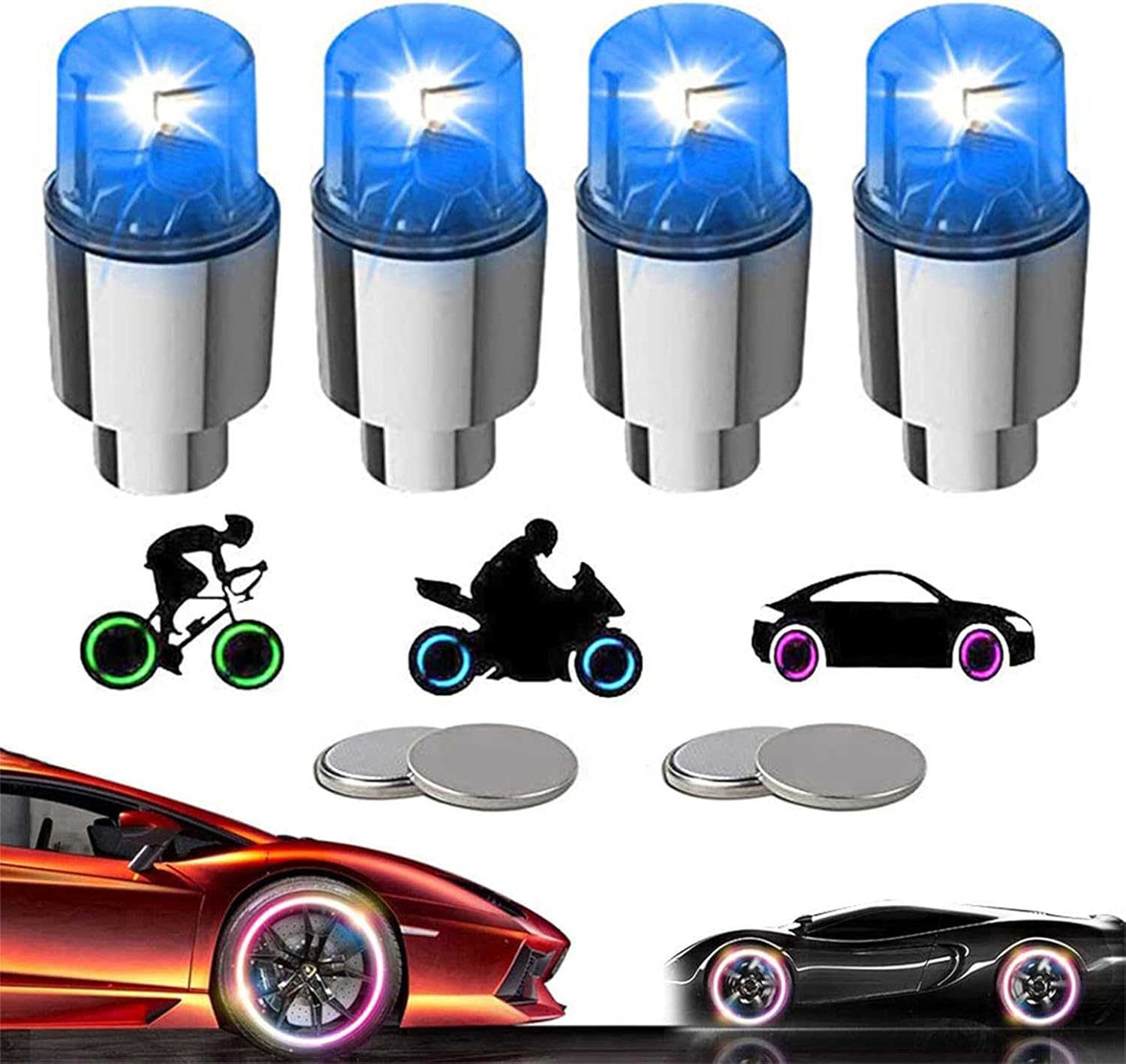 YUERWOVER Paquete de 4 tapas LED de vástago de válvula, luces para neumáticos de automóvil, ensamblajes de ruedas, luces de neón para válvulas de