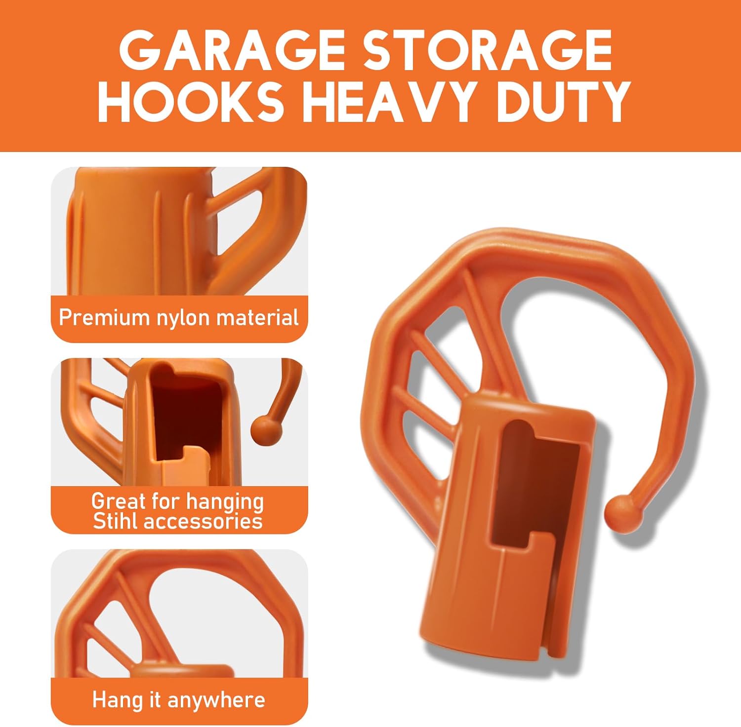 Paquete de 6 ganchos de almacenamiento de garaje resistentes + 1 paquete de estante para recortadora para accesorios Stihl Kombi, soporte de