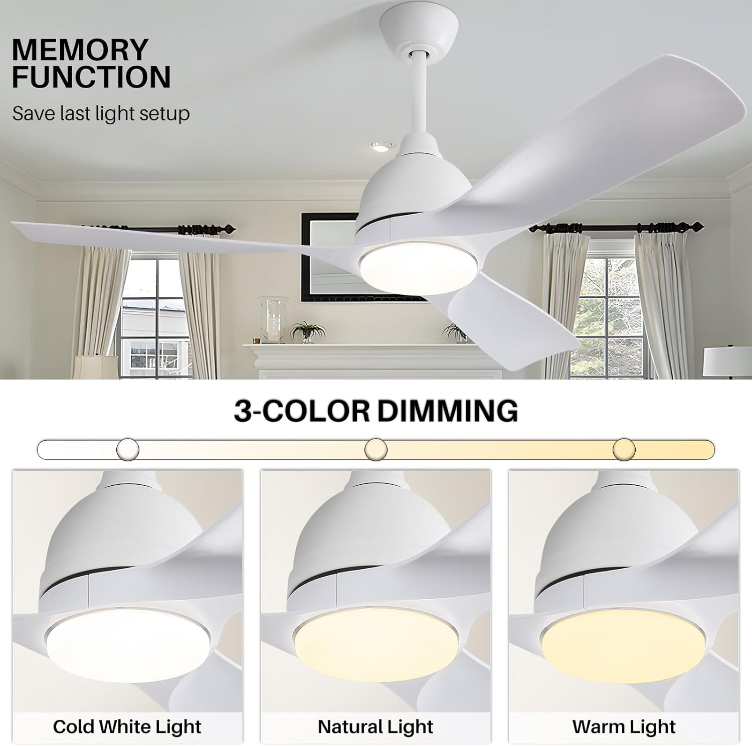Sofucor Ventilador de techo inteligente moderno de 54 pulgadas con control remoto de luces, motor silencioso de CC de 3 aspas blancas ABS, LED