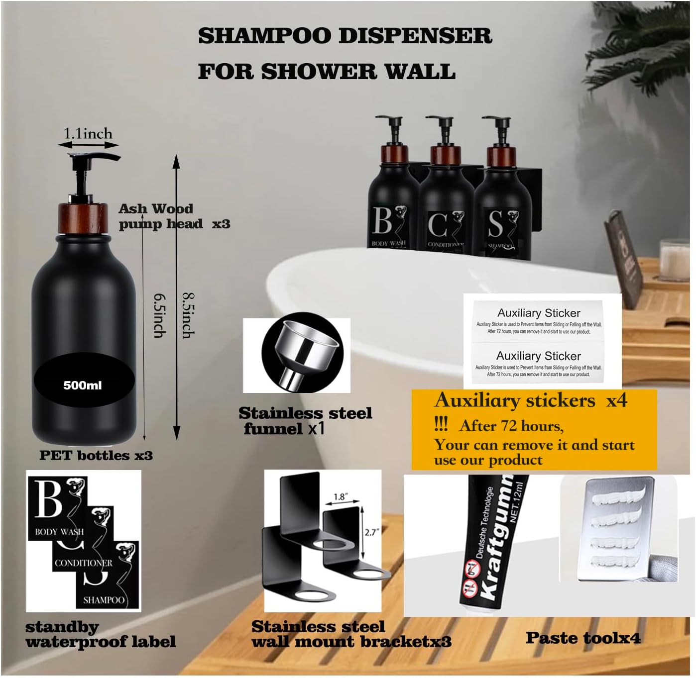 Dispensador de champú, dispensador de champú negro montado en la pared para ducha, dispensadores de champú y acondicionador de 16 onzas, botellas de