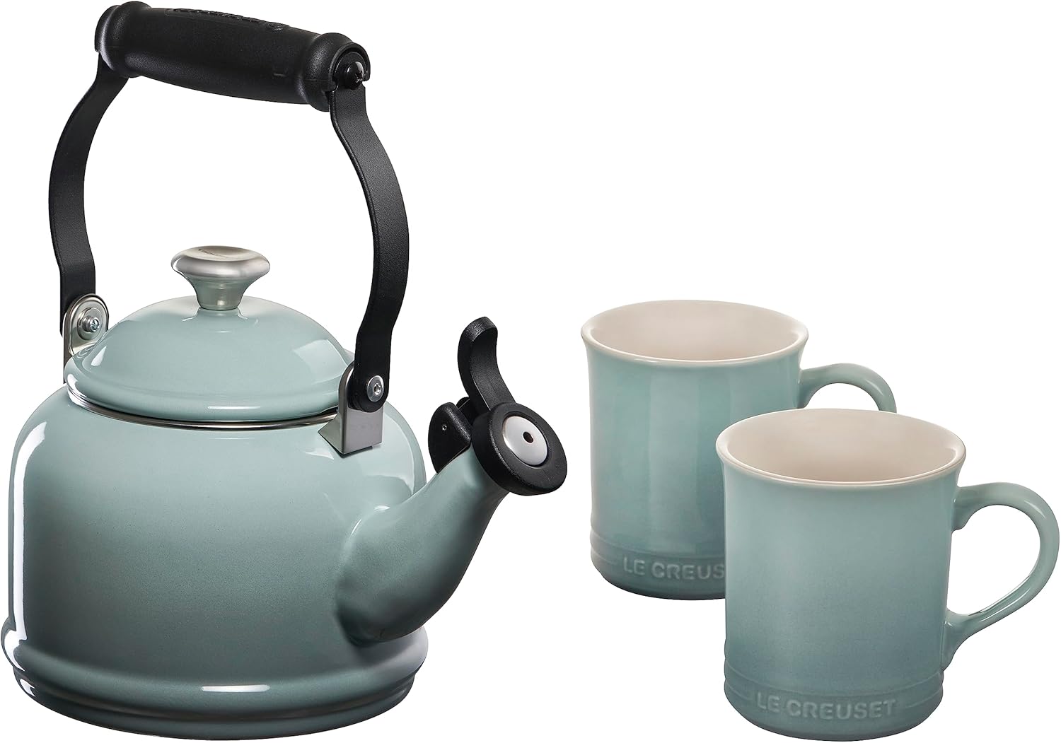 Le Creuset Juego de 2 tazas de esmalte en acero con acabados metálicos y cerámica, 1.25 cuartos de galón de agua y (2) tazas de 14 onzas, sal marina