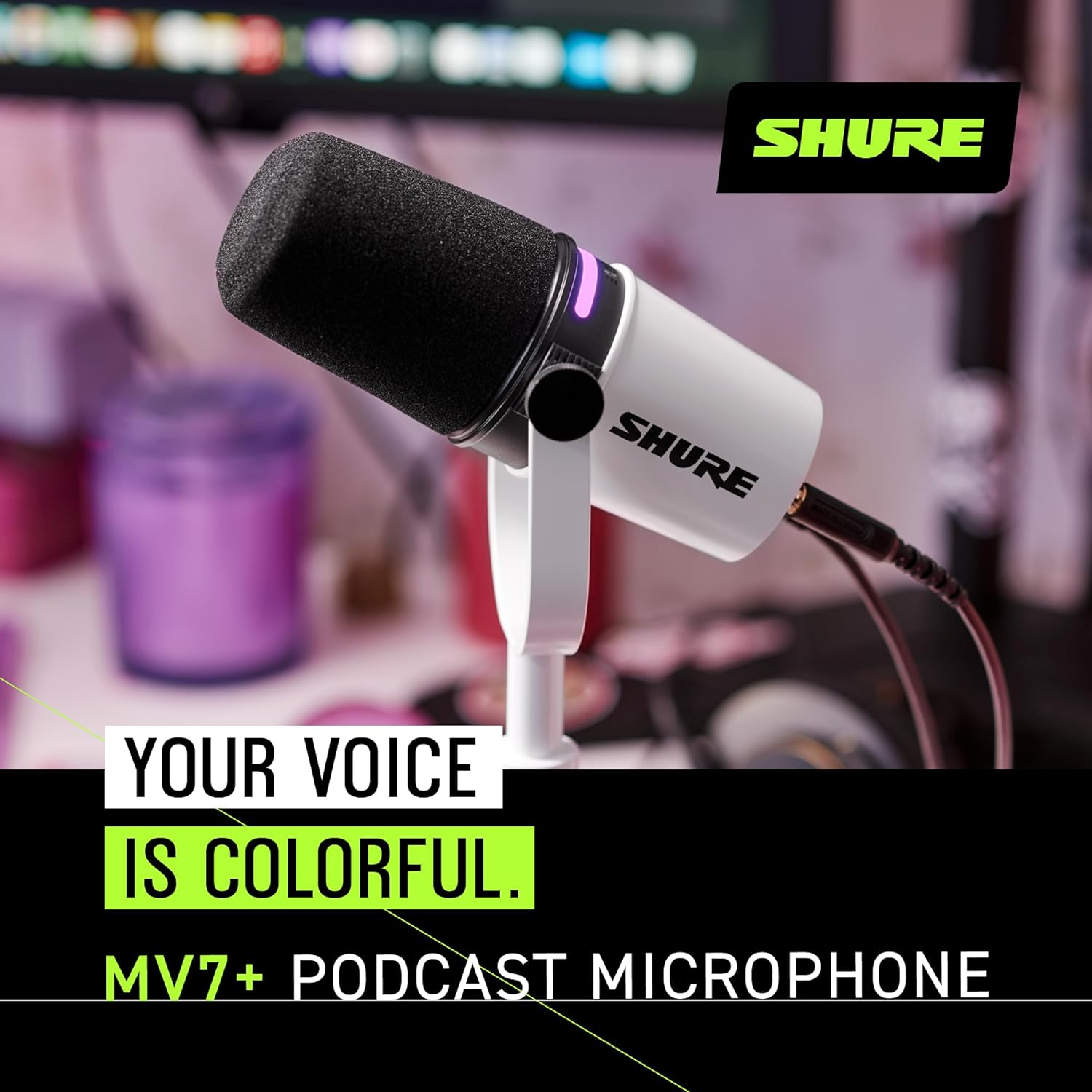 Shure Micrófono de podcast MV7+. Audio mejorado, panel táctil LED, salidas USB-C y XLR, modo de nivel automático, filtro pop digital, efectos de