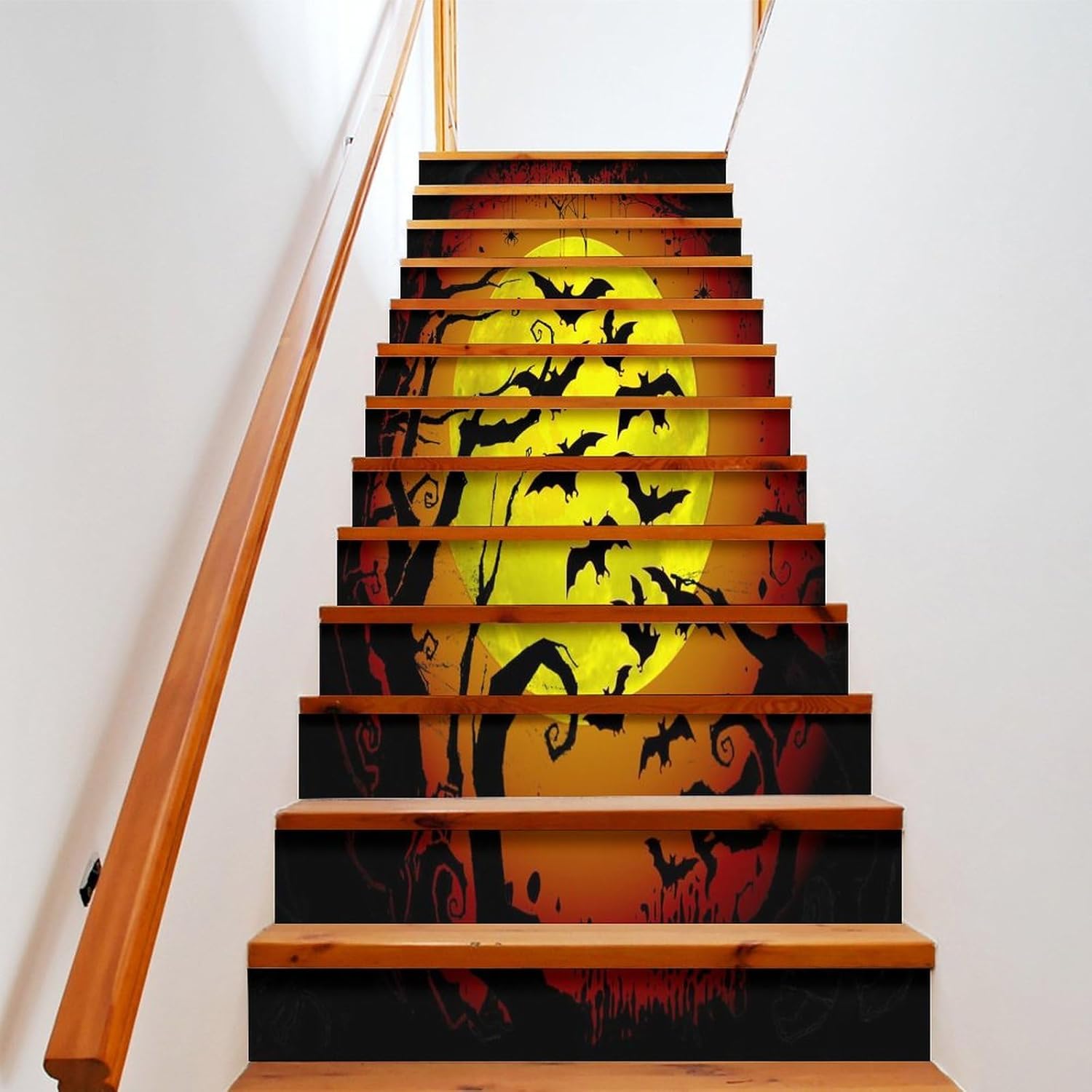 Calcomanías para elevar escaleras de Halloween, murciélagos espeluznantes, bosque, luna llena, telaraña, decoración para el hogar y la oficina, 1