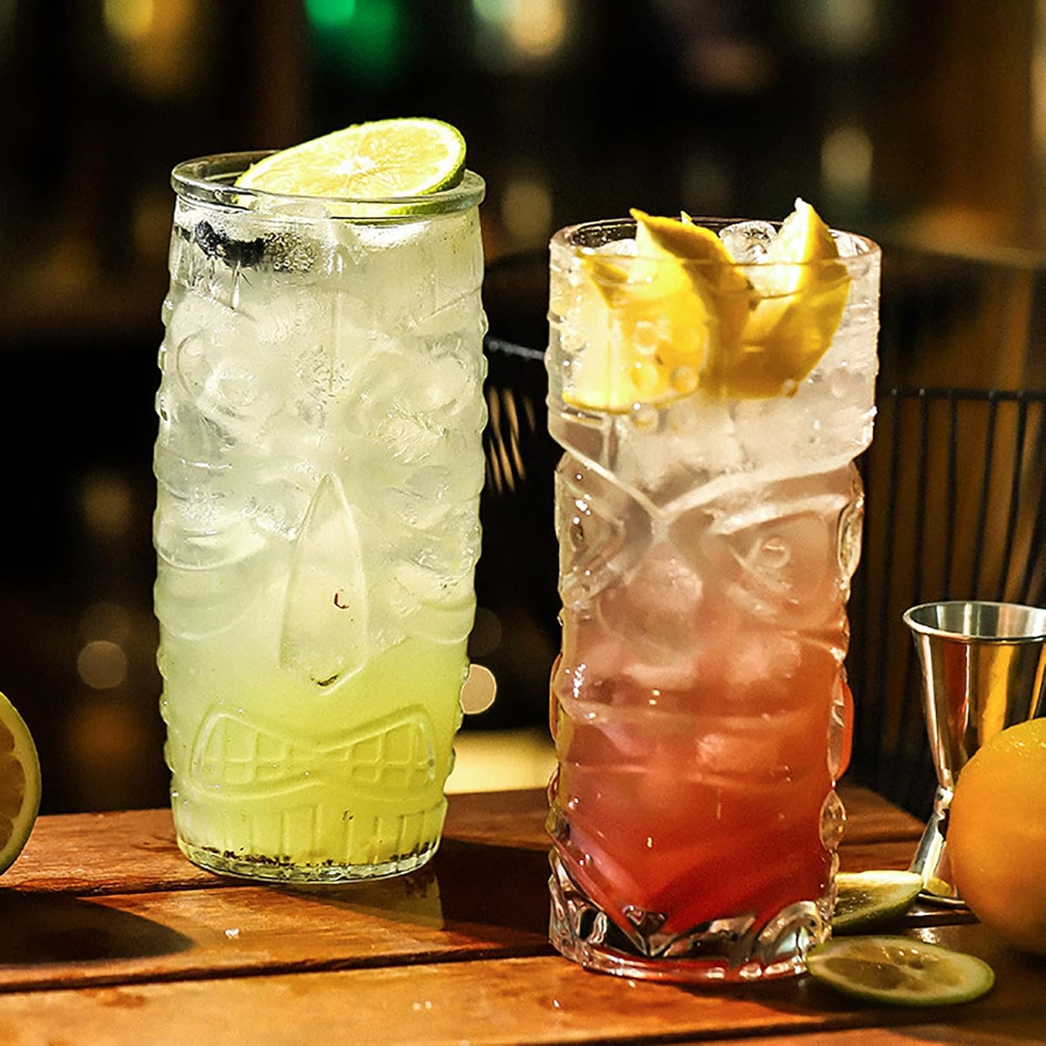Cedilis Paquete de 6 vasos Tiki Tiki de 20 onzas, vaso Tiki de doble vidrio antiguo de estilo hawaiano, perfecto para Mai Tai, cócteles zombies