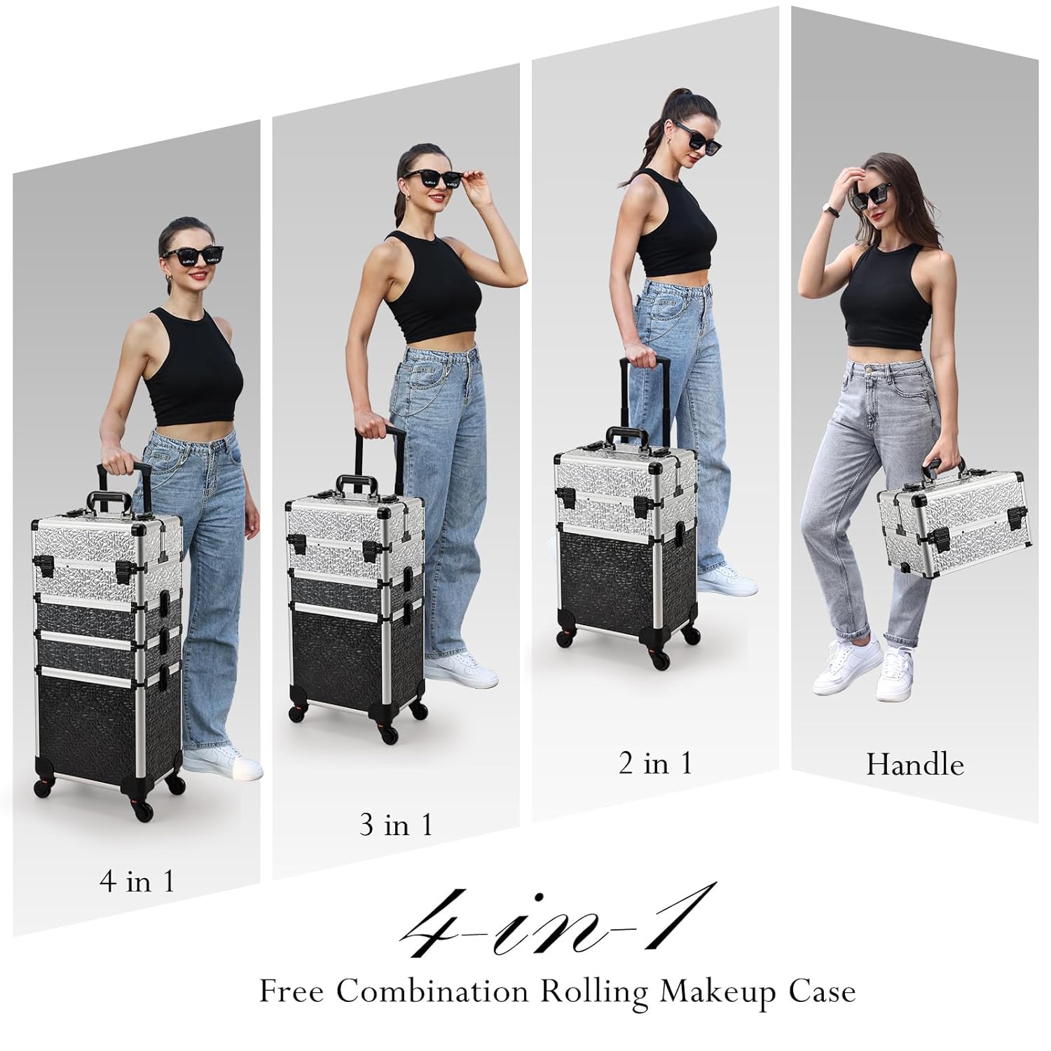 Stagiant 4 en 1 Estuche de maquillaje rodante grande de almacenamiento para cosméticos 4 en 1 Carro de gran capacidad Estuche de viaje de maquillaje