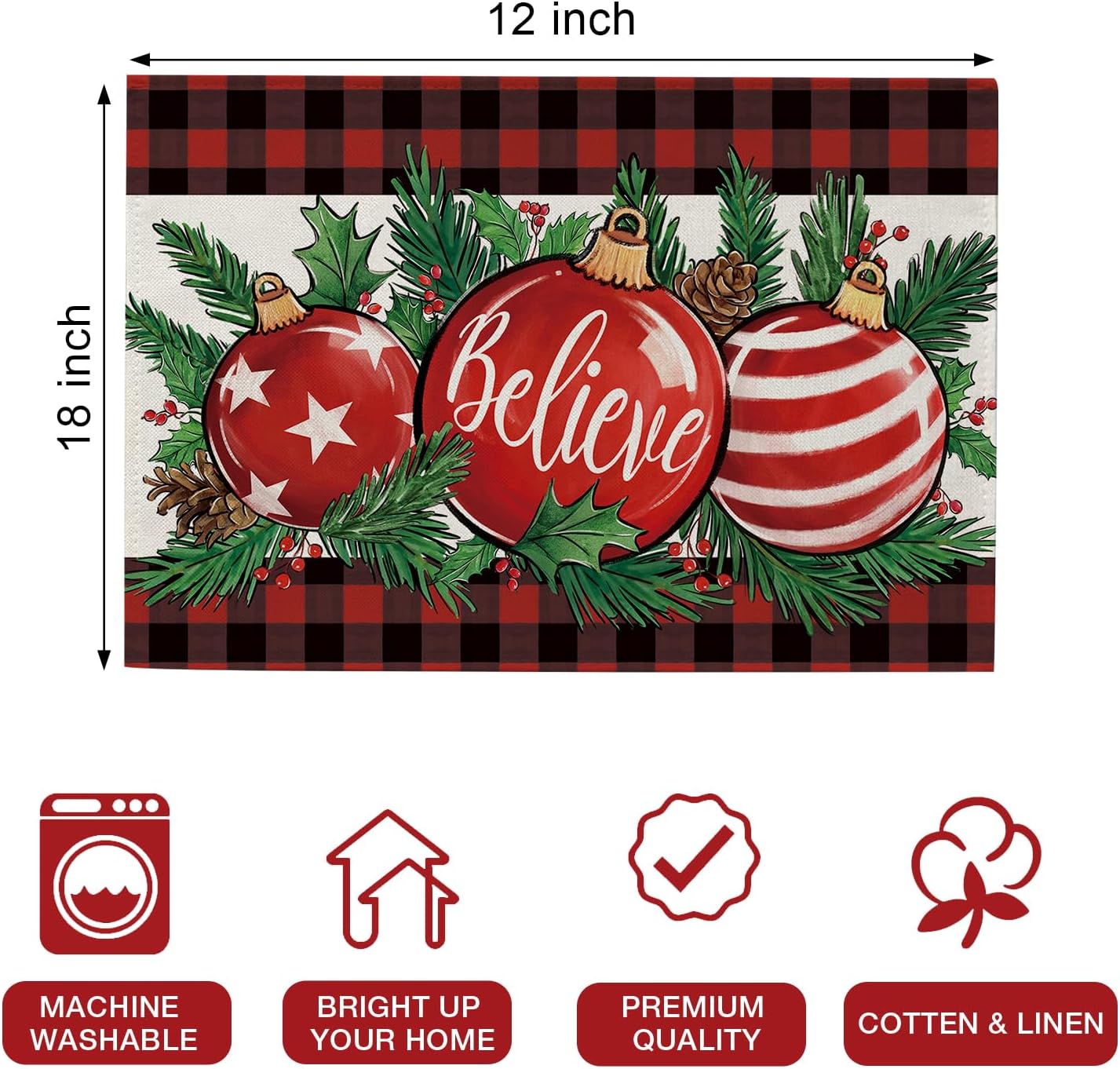 Seliem Juego de 4 manteles individuales con adornos de bola de Navidad, rojo y negro, búfalo a cuadros Believe, para mesa de comedor, conos de pino