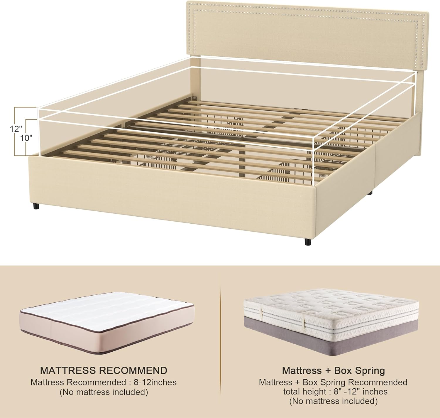 Base de cama tapizada con 4 cajones de almacenamiento, moderno marco de cama matrimonial con cabecera ajustable, se adapta a colchones de 6 a 12
